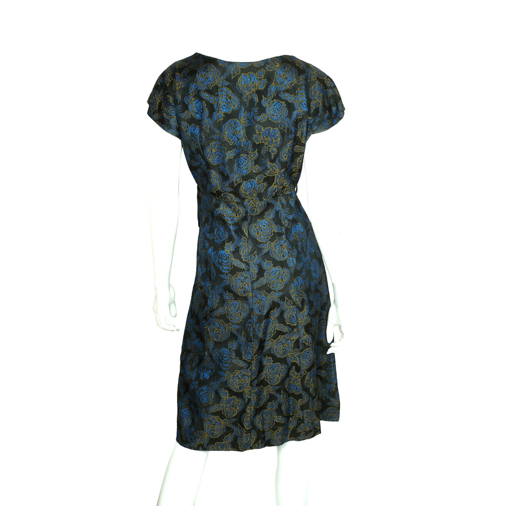 Vintage 50s Brocade Dress Blue Roses Pattern