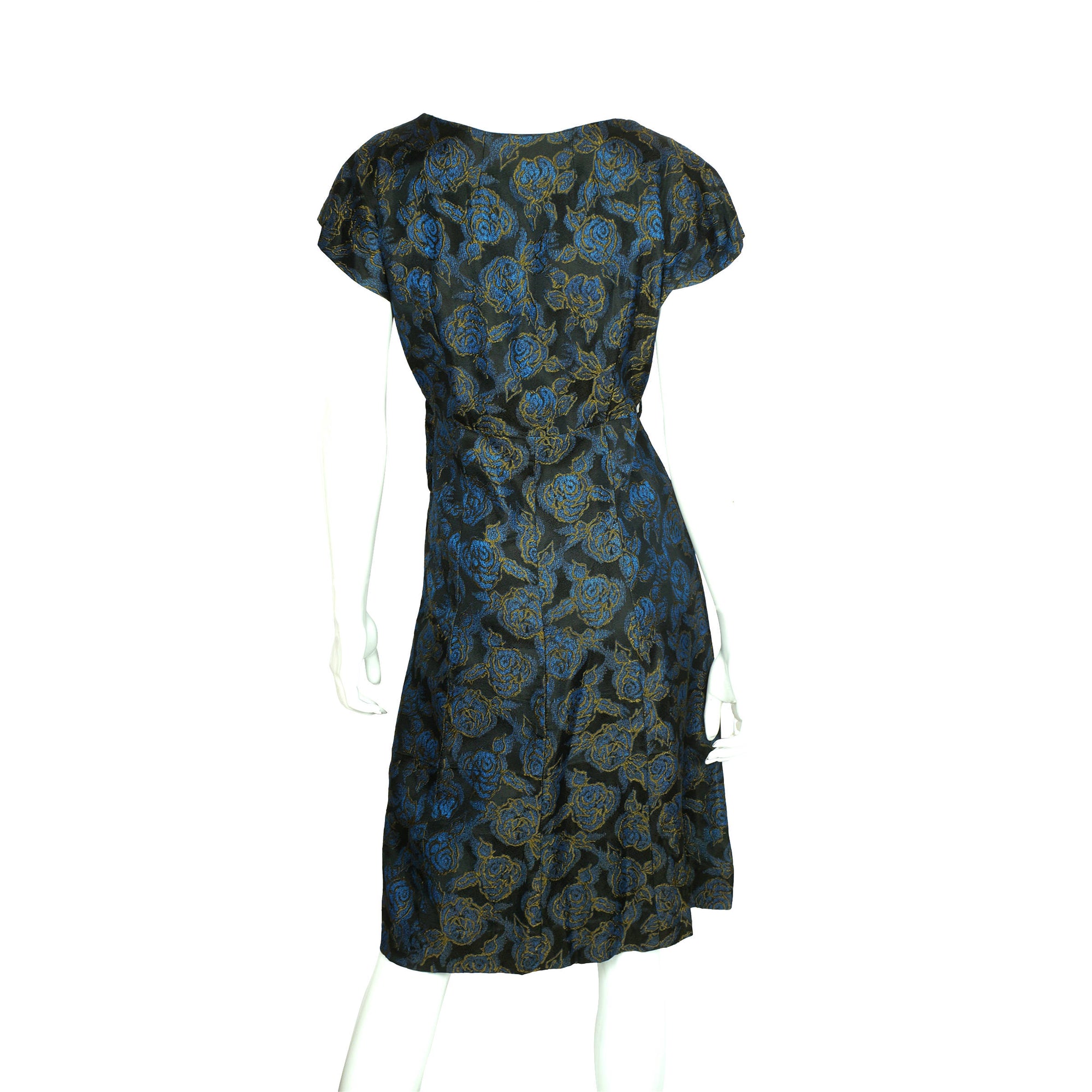 Vintage 50s Brocade Dress Blue Roses Pattern