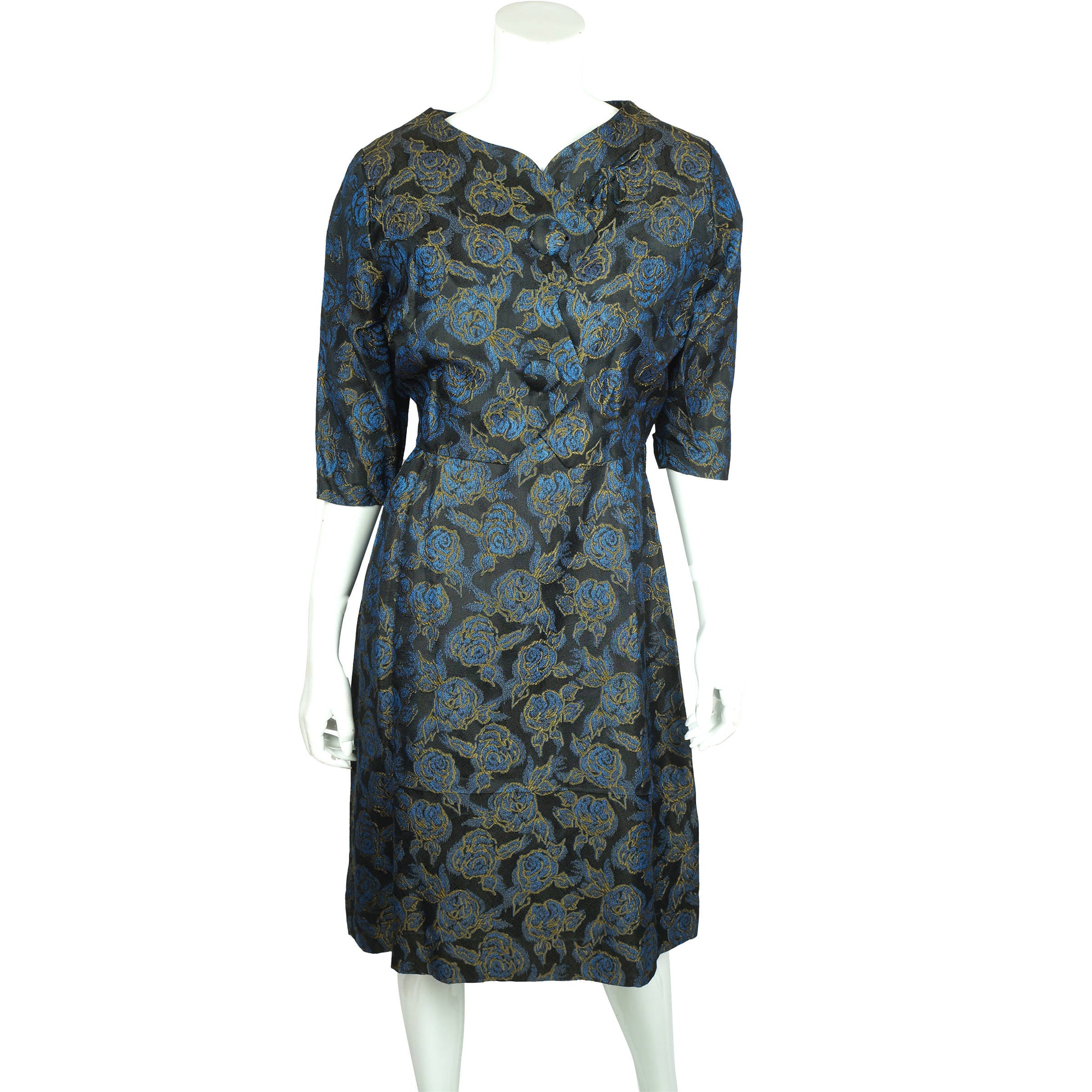 Vintage 50s Brocade Dress Blue Roses Pattern