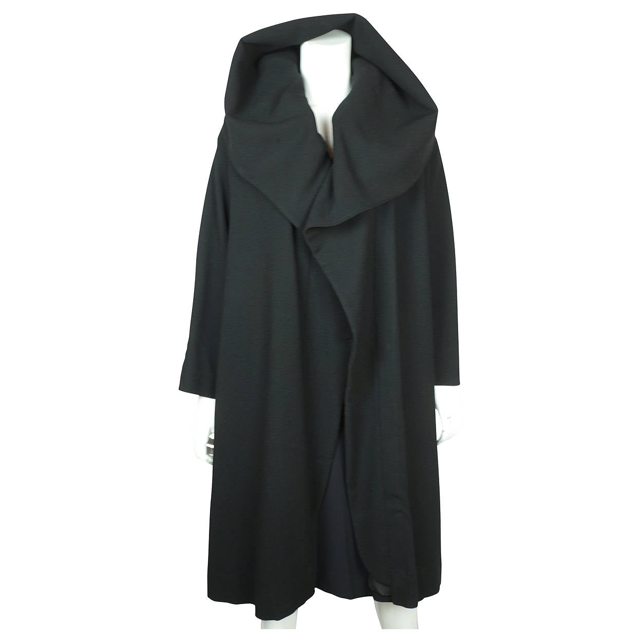 Vintage 1950s Evening Coat with Cape Style Shawl Collar Black Wool Ladies Size L - Poppy's Vintage Clothing