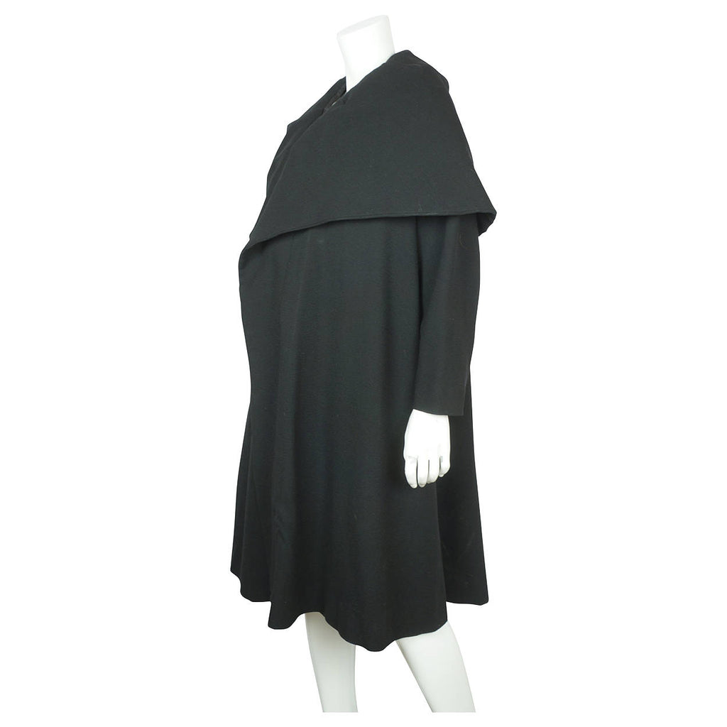 Vintage 1950s Evening Coat with Cape Style Shawl Collar Black Wool Ladies Size L - Poppy's Vintage Clothing