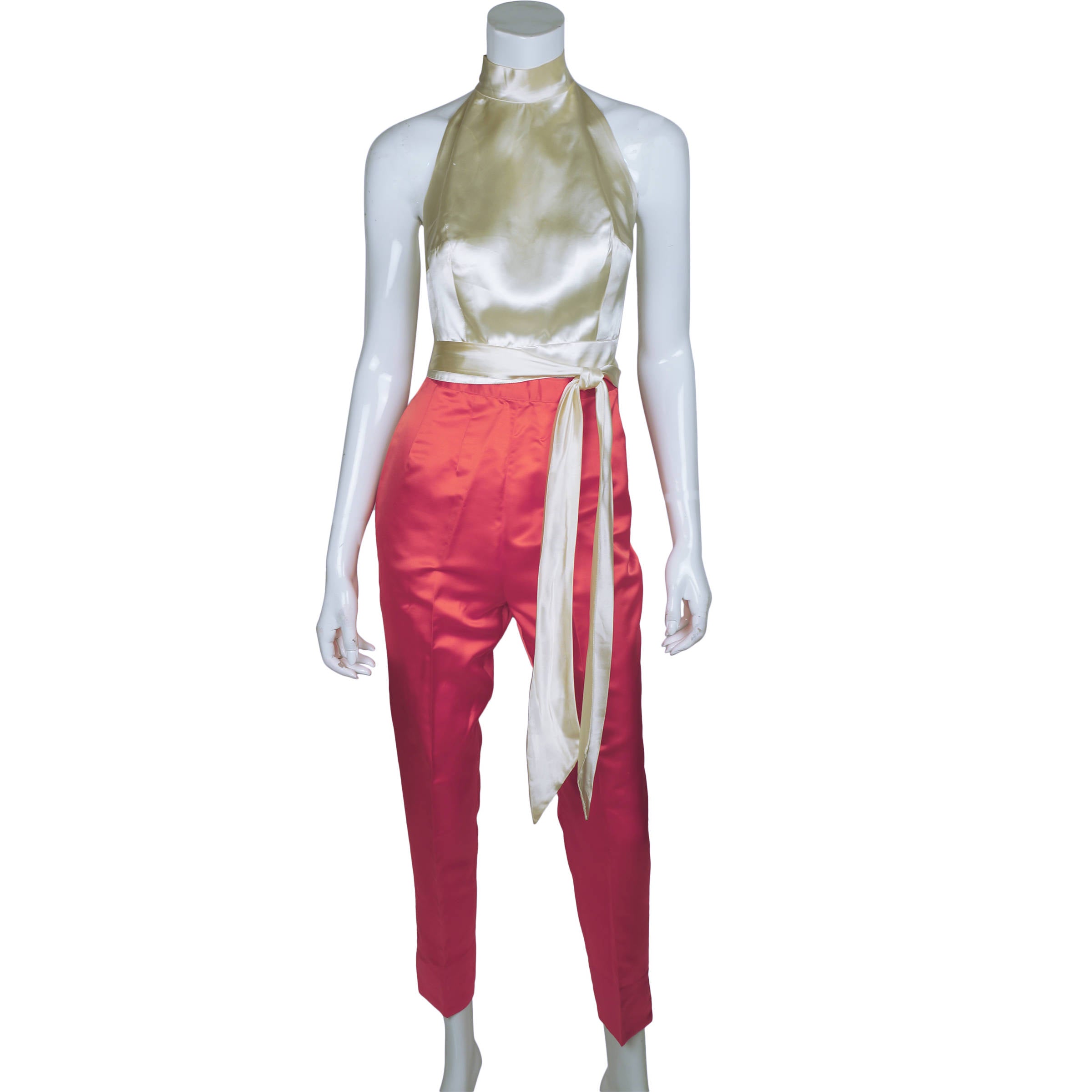 Vintage 50s Pink Silk Cigarette Pants w Satin Halter Top