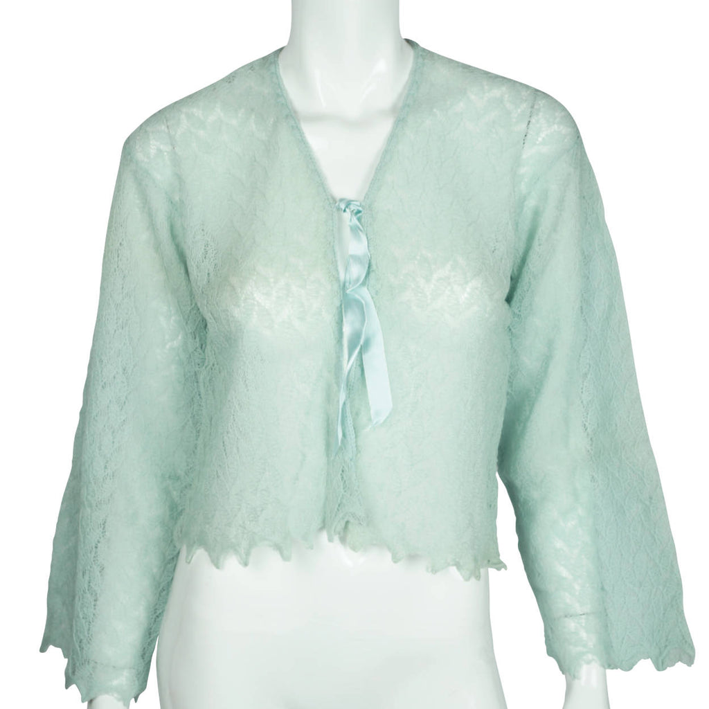 Vintage 1950s Bed Jacket English Aqua Wool Knit Top England - Poppy's Vintage Clothing