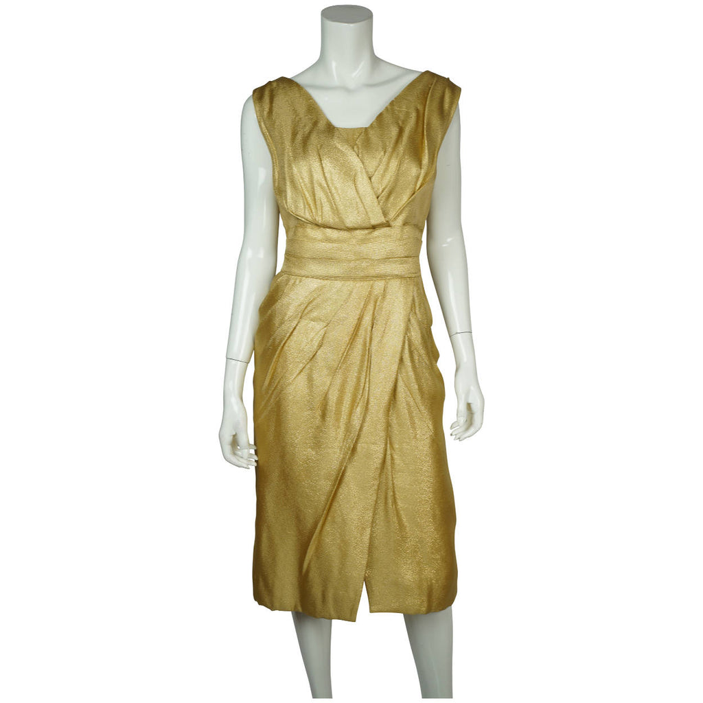 Vintage 50s Bombshell Wiggle Dress in Metallic Gold Lame M L - Poppy's Vintage Clothing