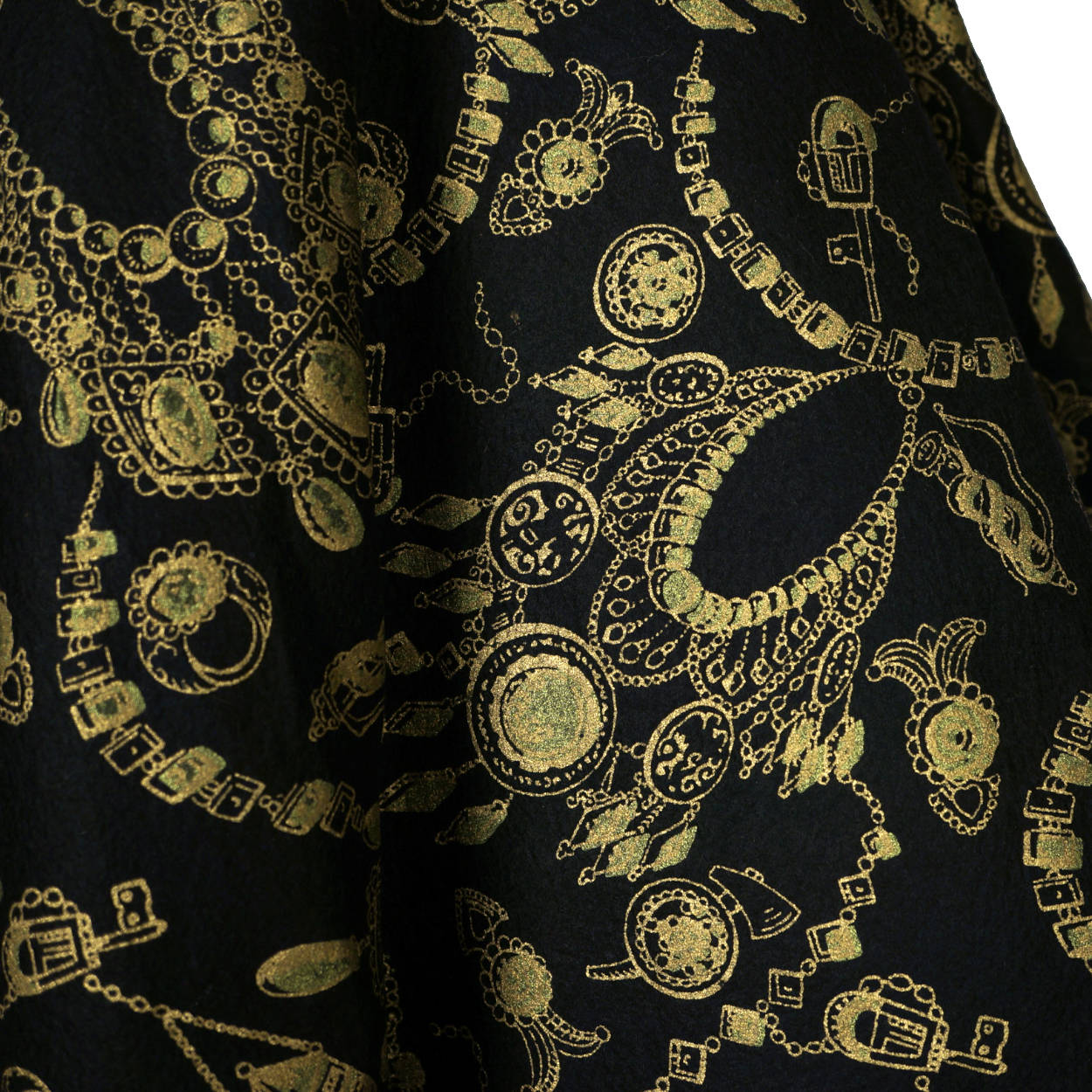 Vintage 1950s Felt Circle Skirt Gold Necklace Print Rockabilly Rock n Roll 25” W - Poppy's Vintage Clothing