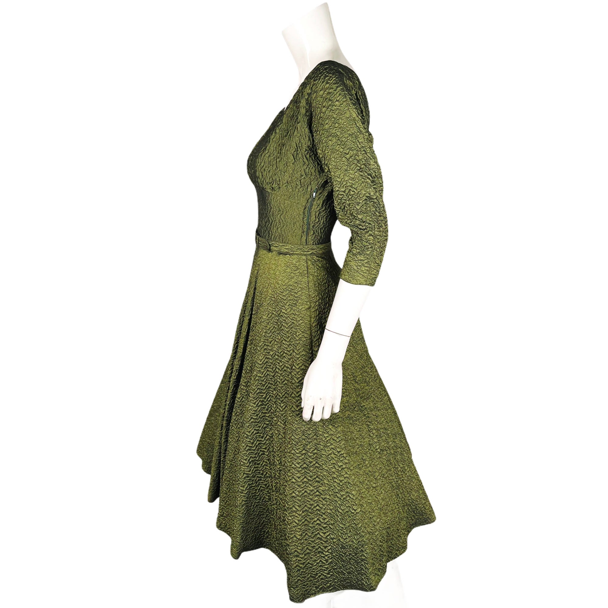 Vintage 1950s Taffeta Dress w Crinoline Skirt Green Cloque S