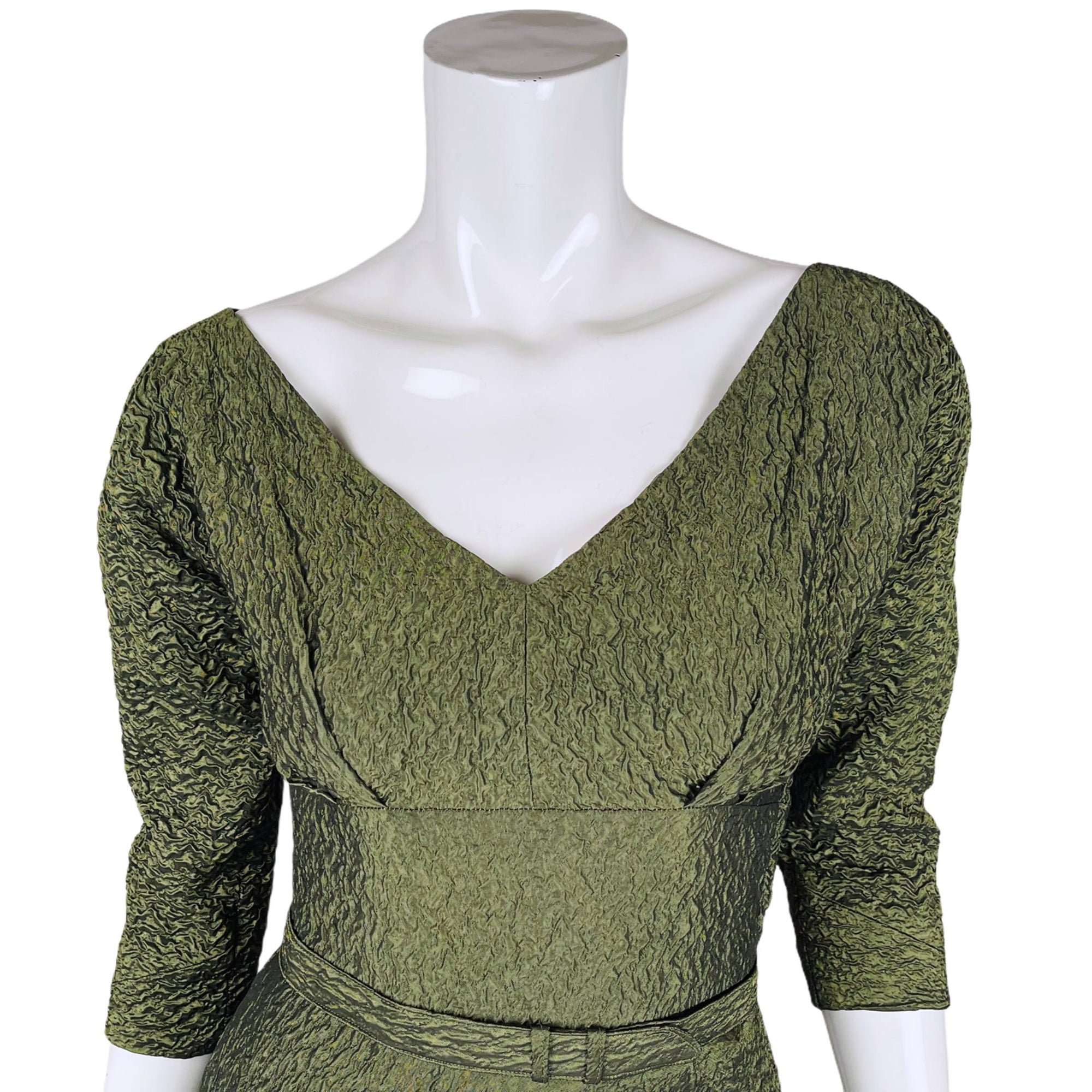 Vintage 1950s Taffeta Dress w Crinoline Skirt Green Cloque S