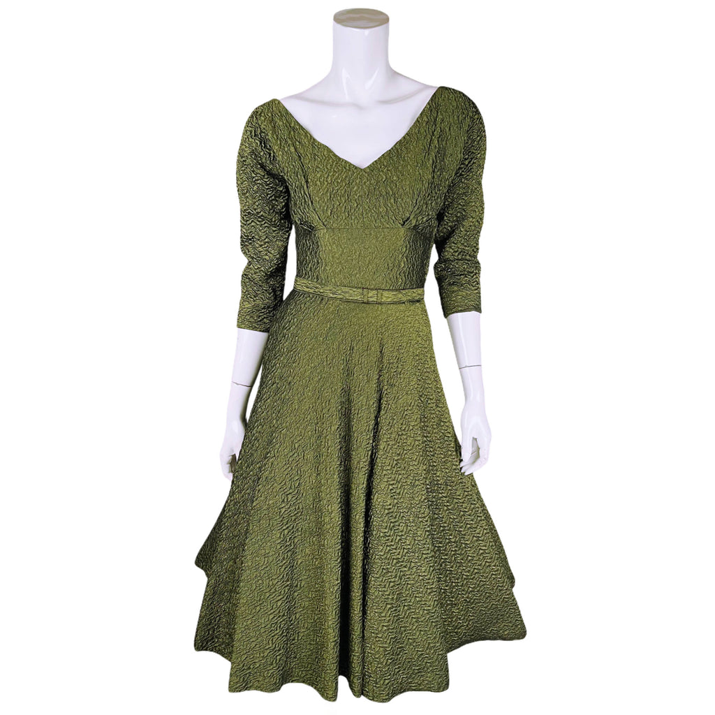 Vintage 1950s Taffeta Dress w Crinoline Skirt Green Cloque S