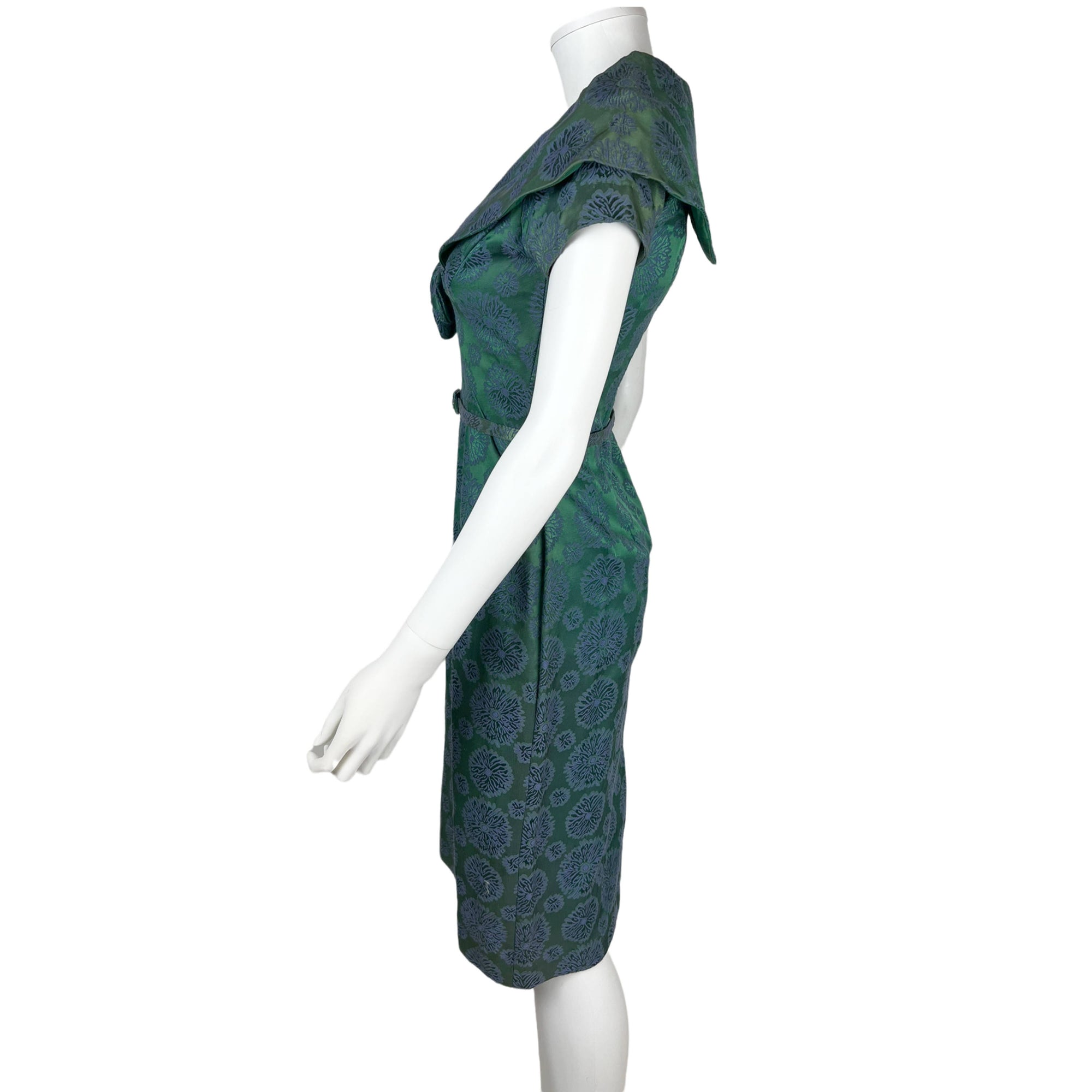 Vintage 1950s Dress Green and Purple Silk Brocade Size M