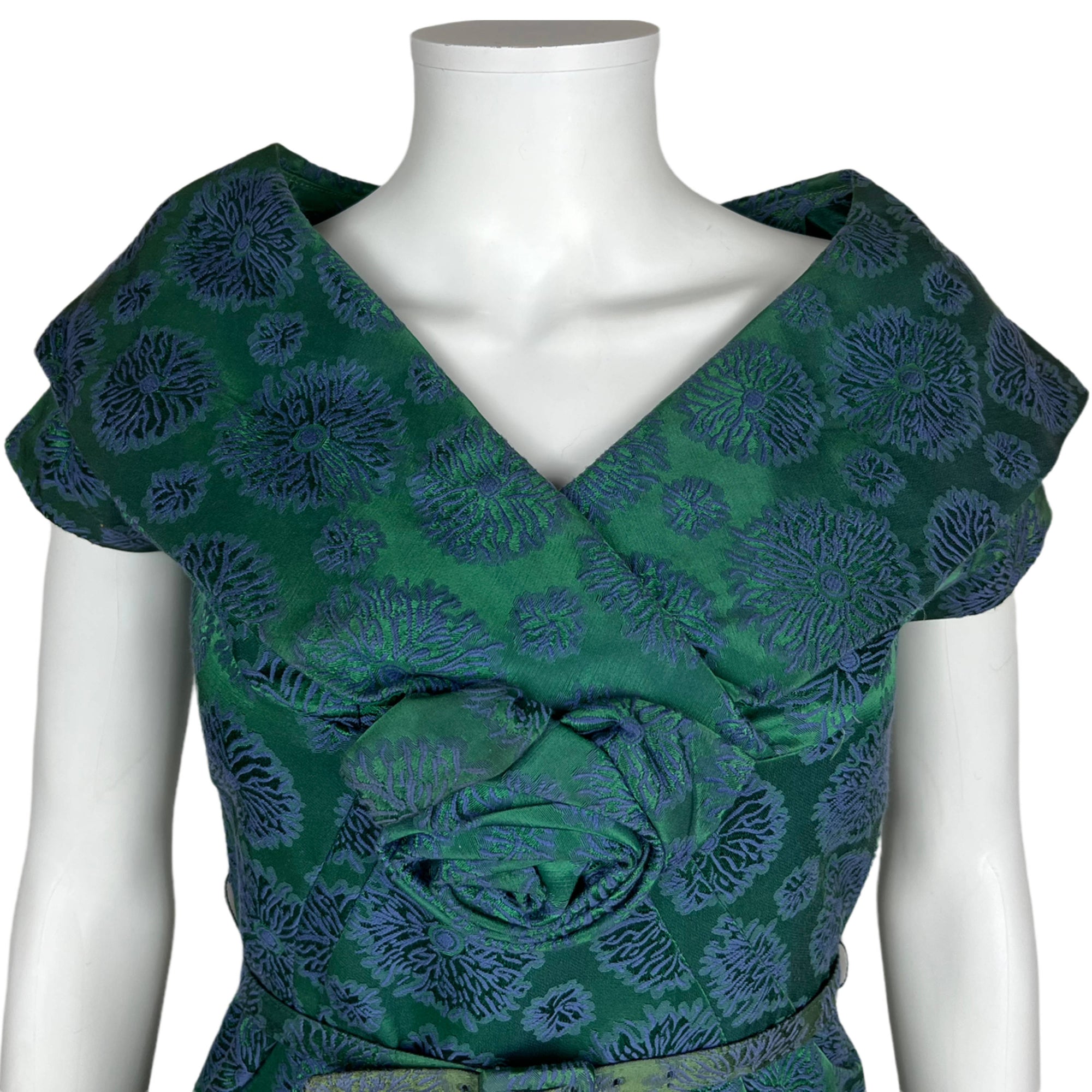 Vintage 1950s Dress Green and Purple Silk Brocade Size M