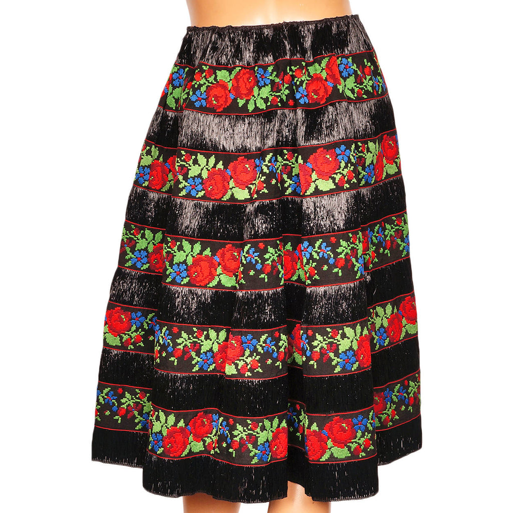 Vintage 1950s Black Raffia Straw Skirt with Embroidered Floral Cotton Ribbon - M - Poppy's Vintage Clothing
