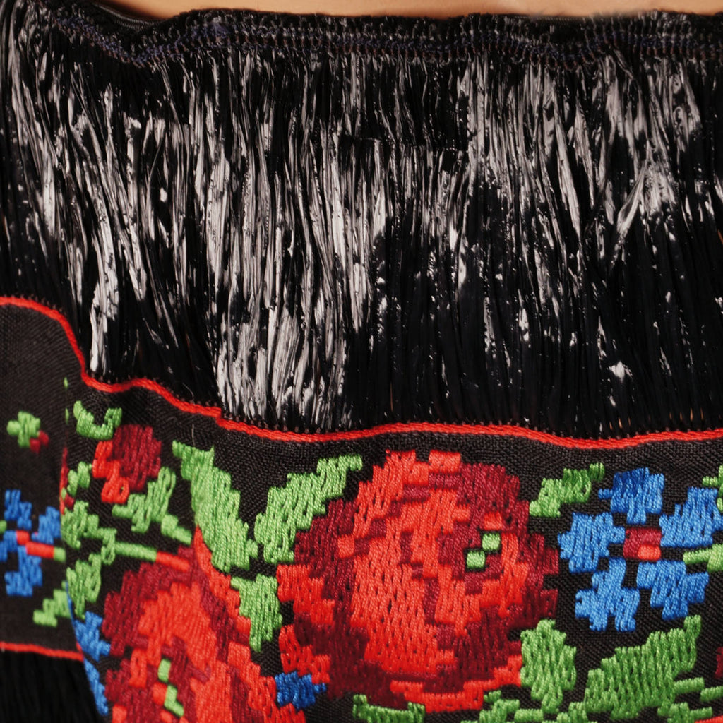 Vintage 1950s Black Raffia Straw Skirt with Embroidered Floral Cotton Ribbon - M - Poppy's Vintage Clothing