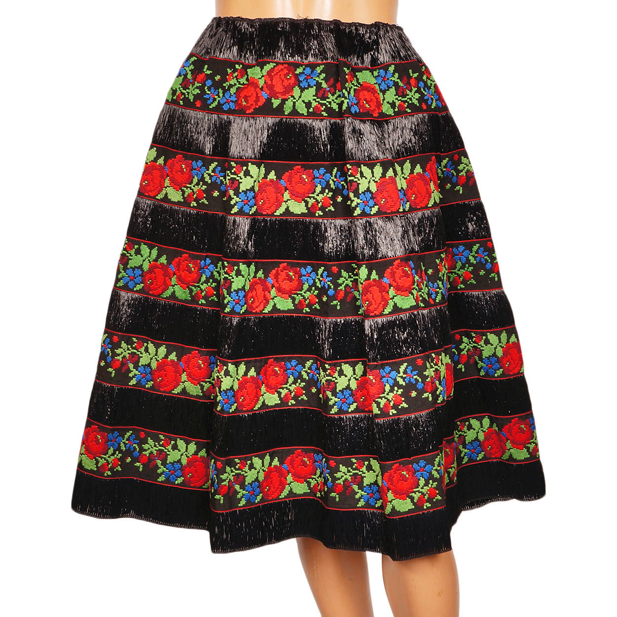 Vintage 1950s Black Raffia Straw Skirt with Embroidered Floral Cotton Ribbon - M - Poppy's Vintage Clothing