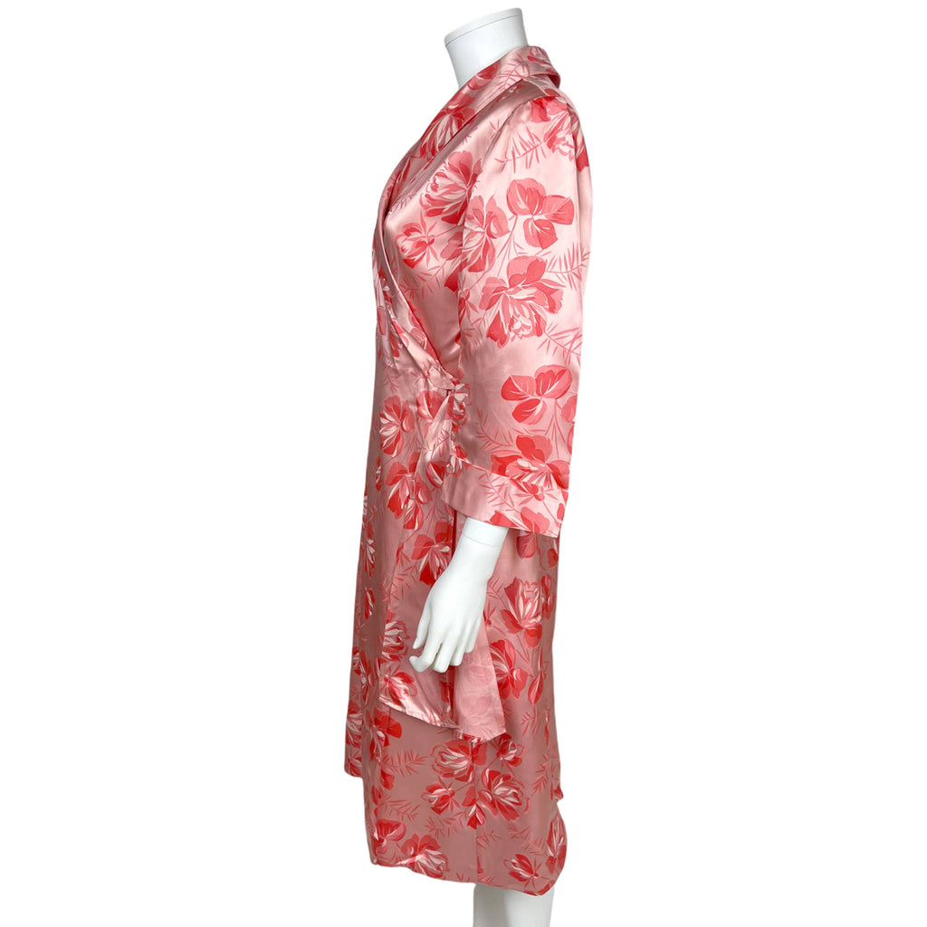 Vintage 1950s Dressing Gown Rose Floral Pink Satin Ladies M