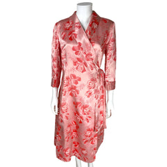 Vintage 1950s Dressing Gown Rose Floral Pink Satin Ladies M