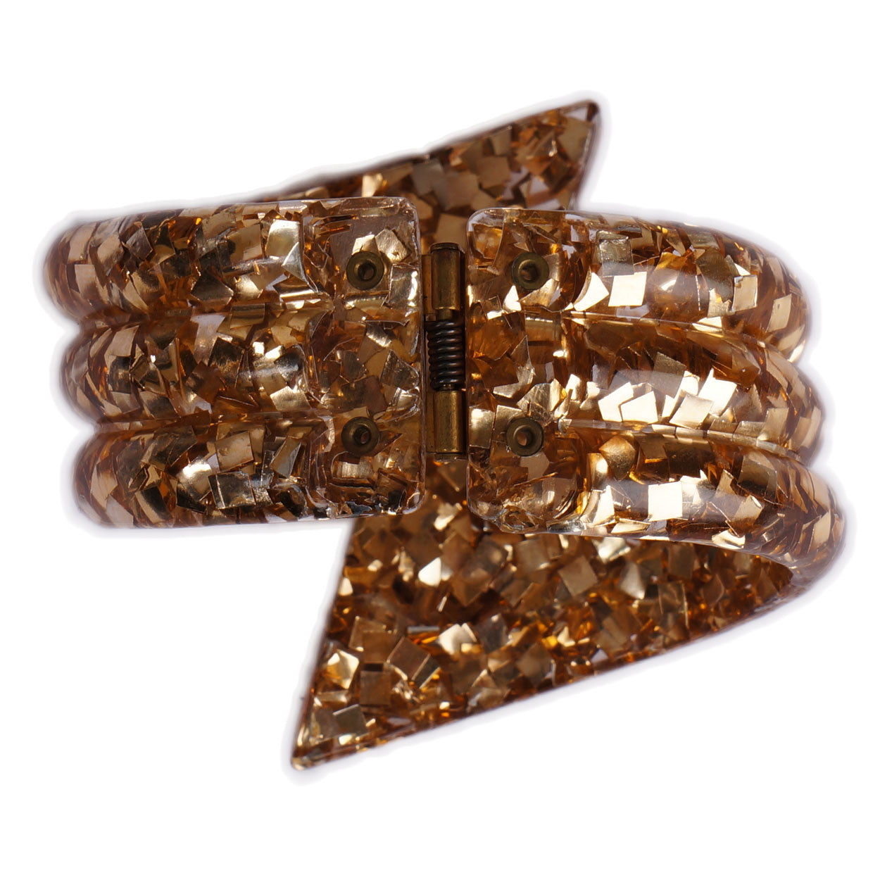 Vintage Lucite Clamper Cuff Bangle 1950s Glamour Girl Bracelet Encased Gold Confetti - Poppy's Vintage Clothing