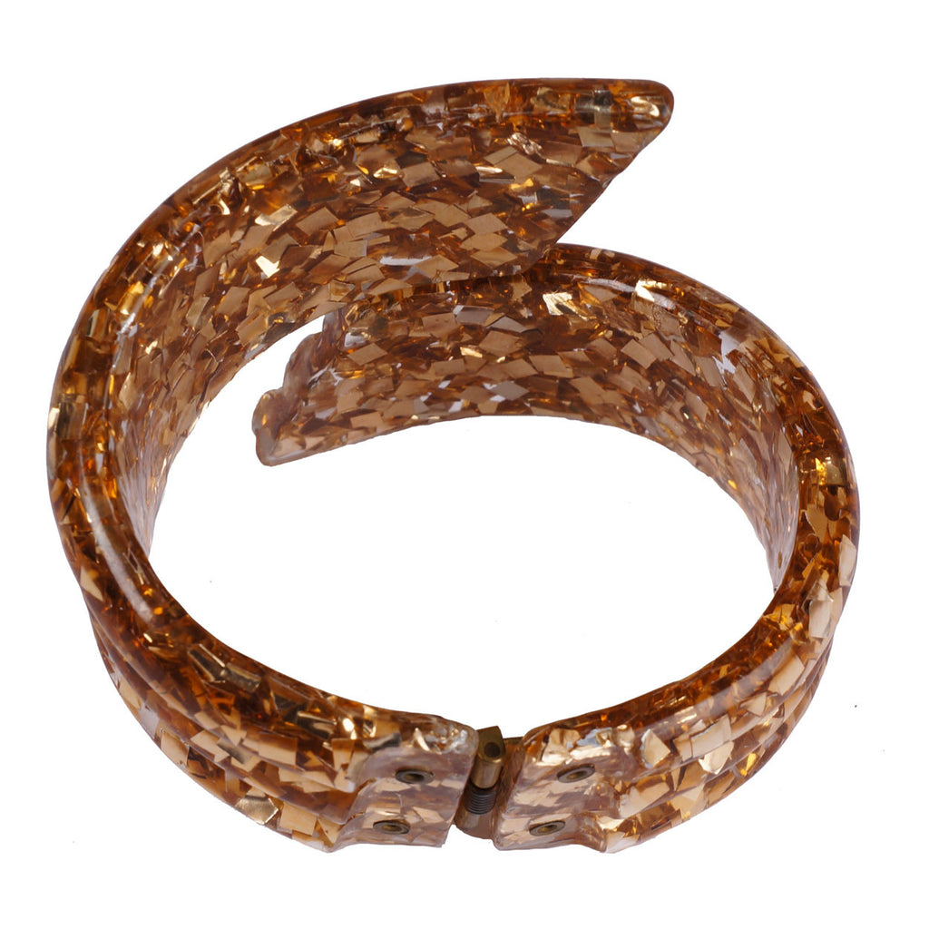 Vintage Lucite Clamper Cuff Bangle 1950s Glamour Girl Bracelet Encased Gold Confetti - Poppy's Vintage Clothing