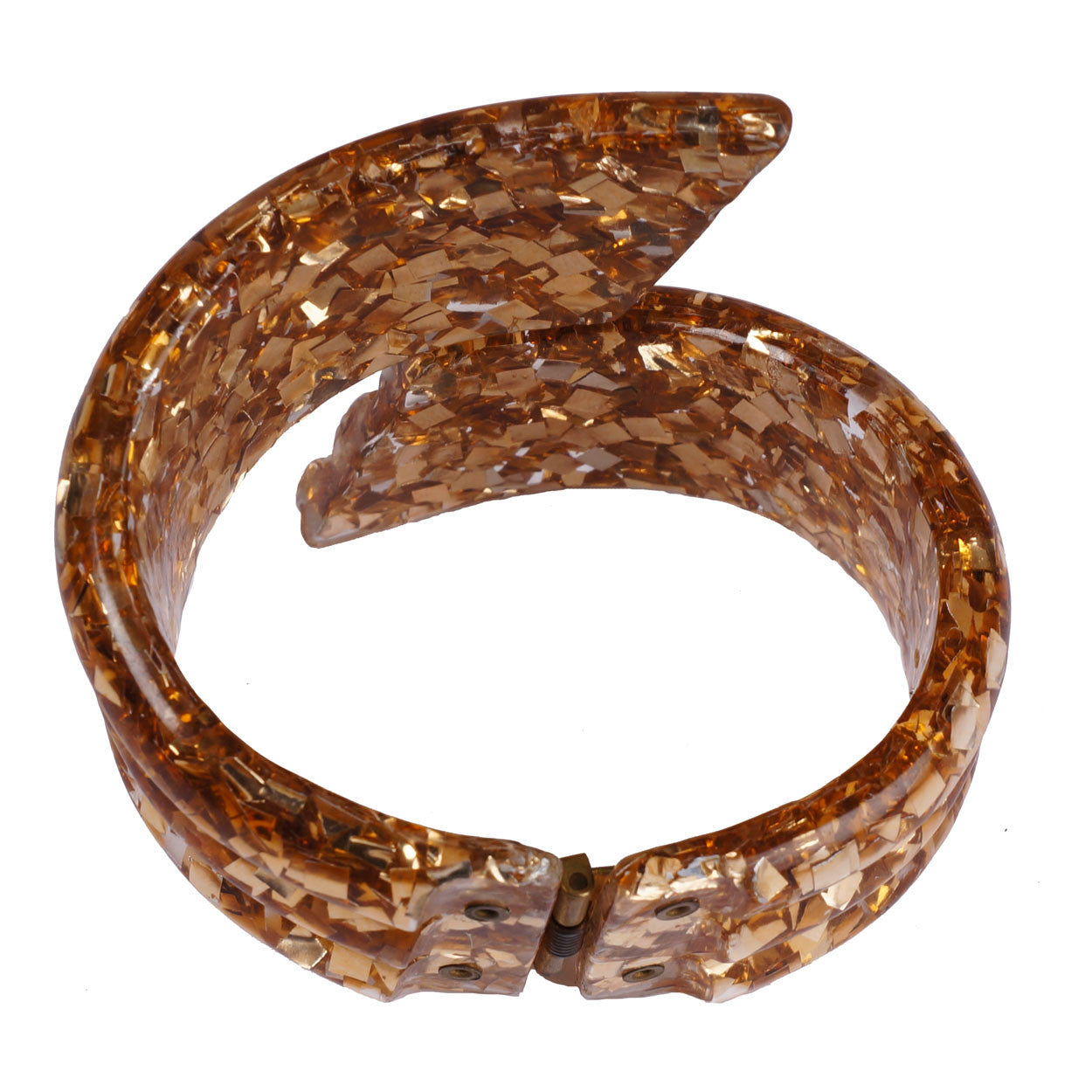 Vintage Lucite Clamper Cuff Bangle 1950s Glamour Girl Bracelet Encased Gold Confetti - Poppy's Vintage Clothing