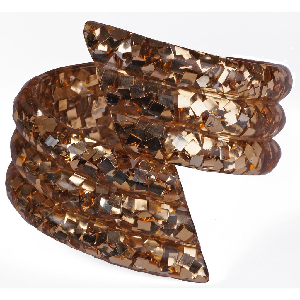Vintage Lucite Clamper Cuff Bangle 1950s Glamour Girl Bracelet Encased Gold Confetti - Poppy's Vintage Clothing