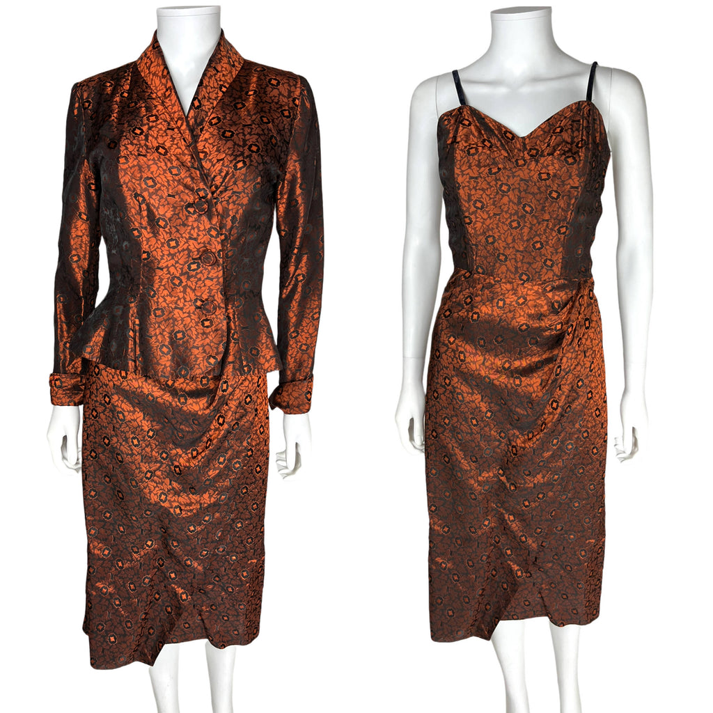 Vintage 1950s Cocktail Dress w Jacket Orange Taffeta Size S