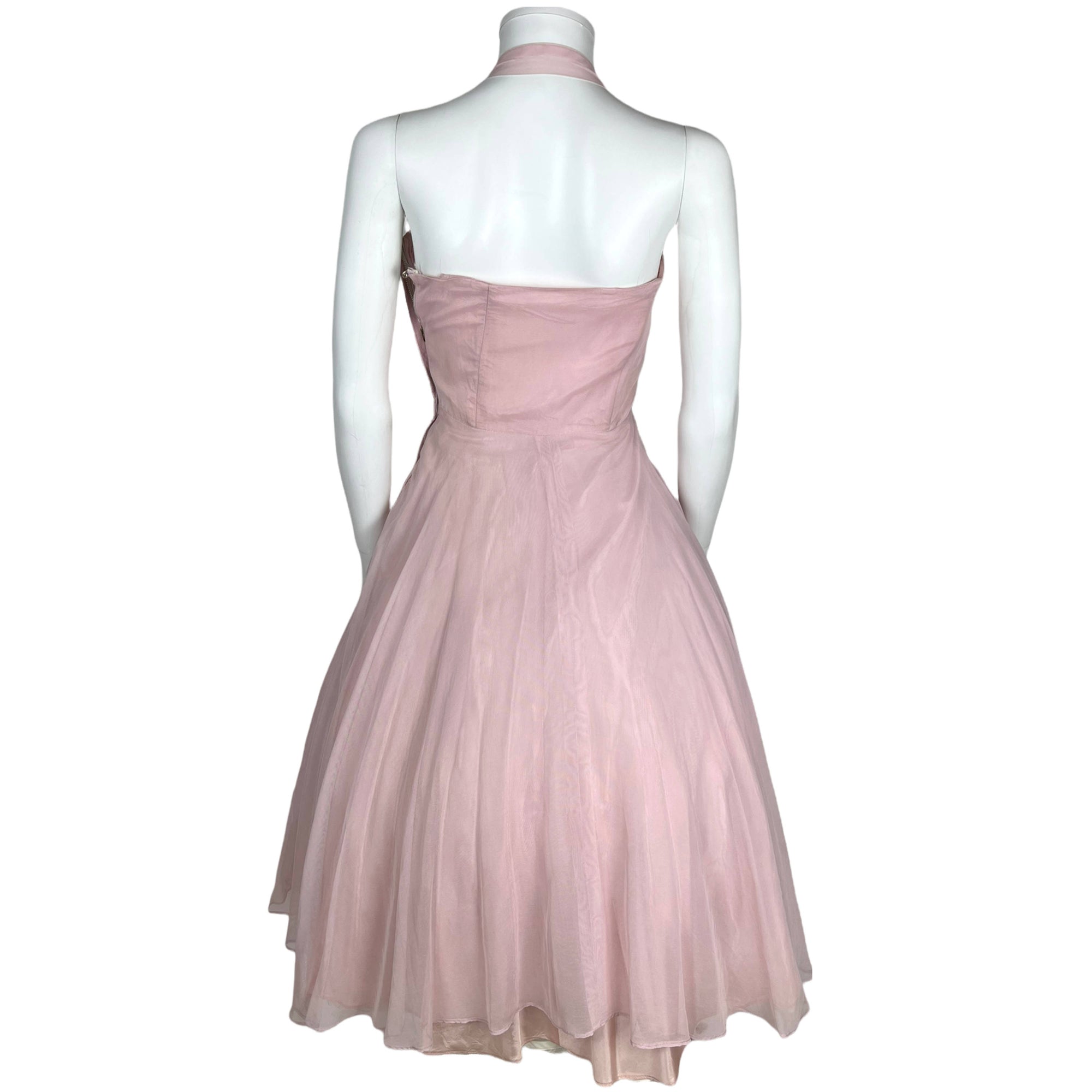 Vintage 1950s Halter Dress w Shelf Bust Pink Gauze Chiffon Size XS Poppy's Vintage Clothing Vintage 1950s Halter Dress w Shelf Bust Pink Gauze Chiffon Size XS Poppy's Vintage Clothing