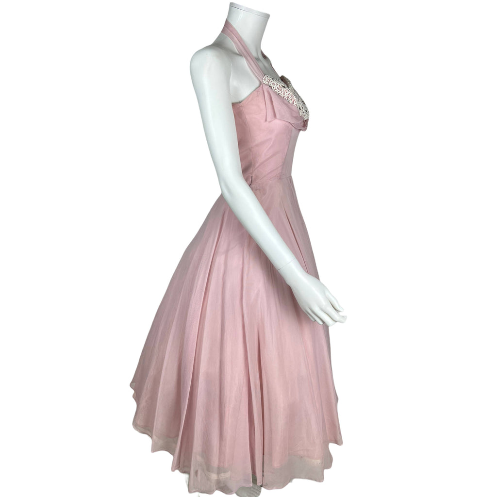 Vintage 1950s Halter Dress with Shelf Bust Pink Chiffon Size XS Vintage 1950s Halter Dress with Shelf Bust Pink Chiffon Size XS