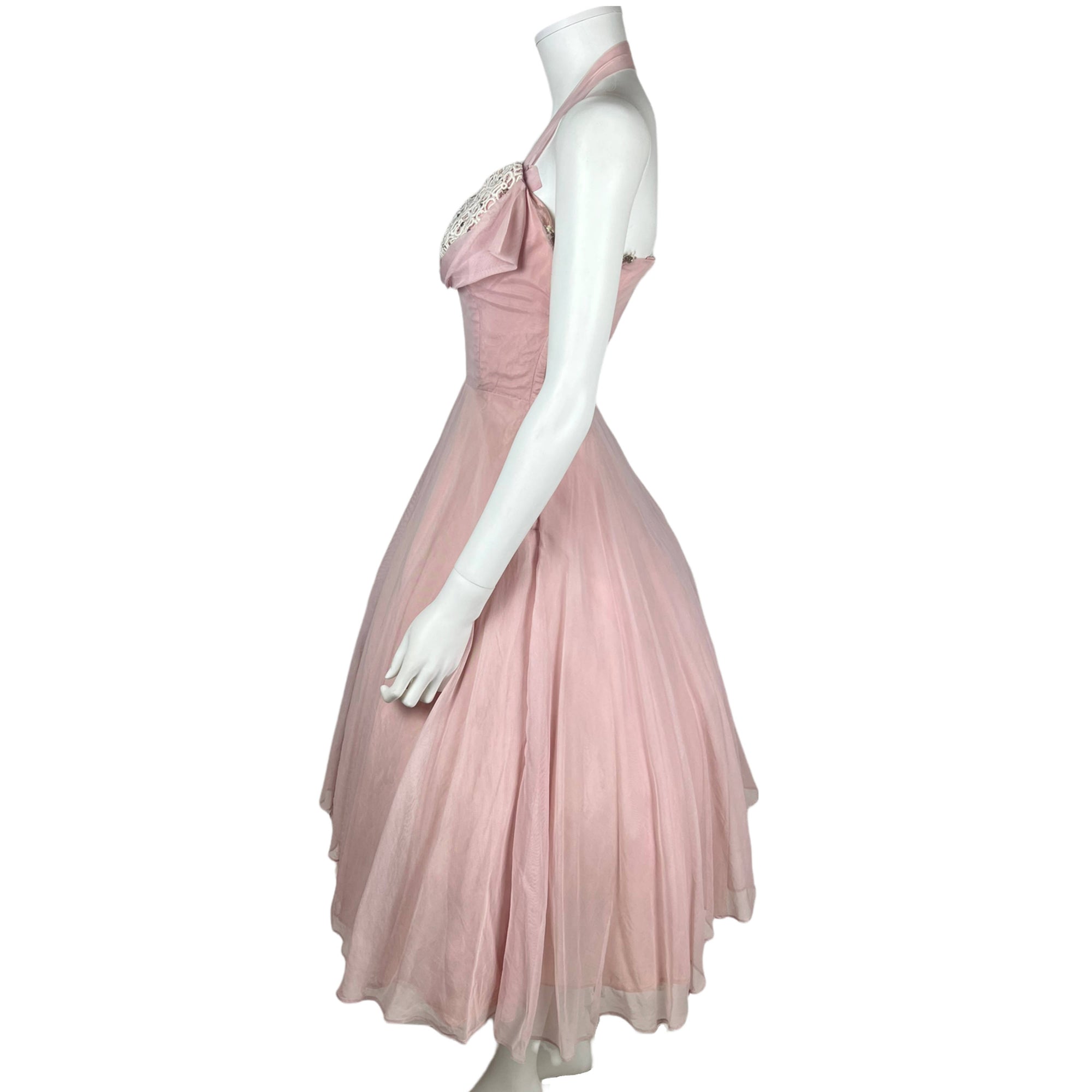 Vintage 1950s Halter Dress w Shelf Bust Pink Chiffon Size XS
