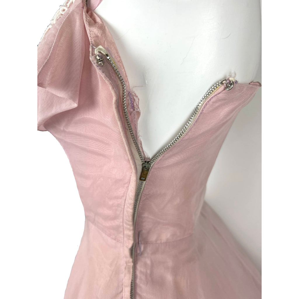 Vintage 1950s Halter Dress w Shelf Bust Pink Chiffon Size XS