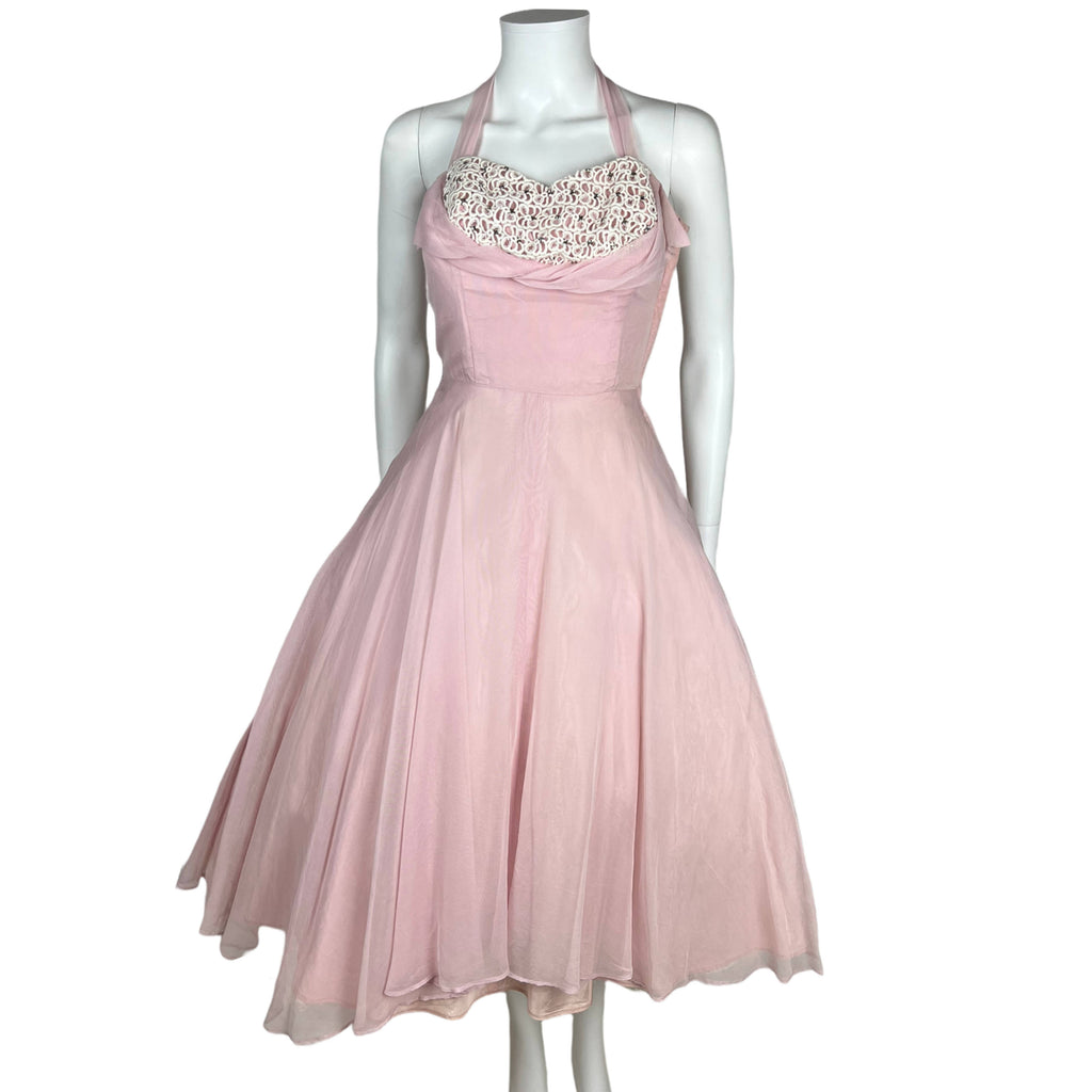 Vintage 1950s Halter Dress with Shelf Bust Pink Chiffon Size Xs Vintage 1950s Halter Dress with Shelf Bust Pink Chiffon Size Xs