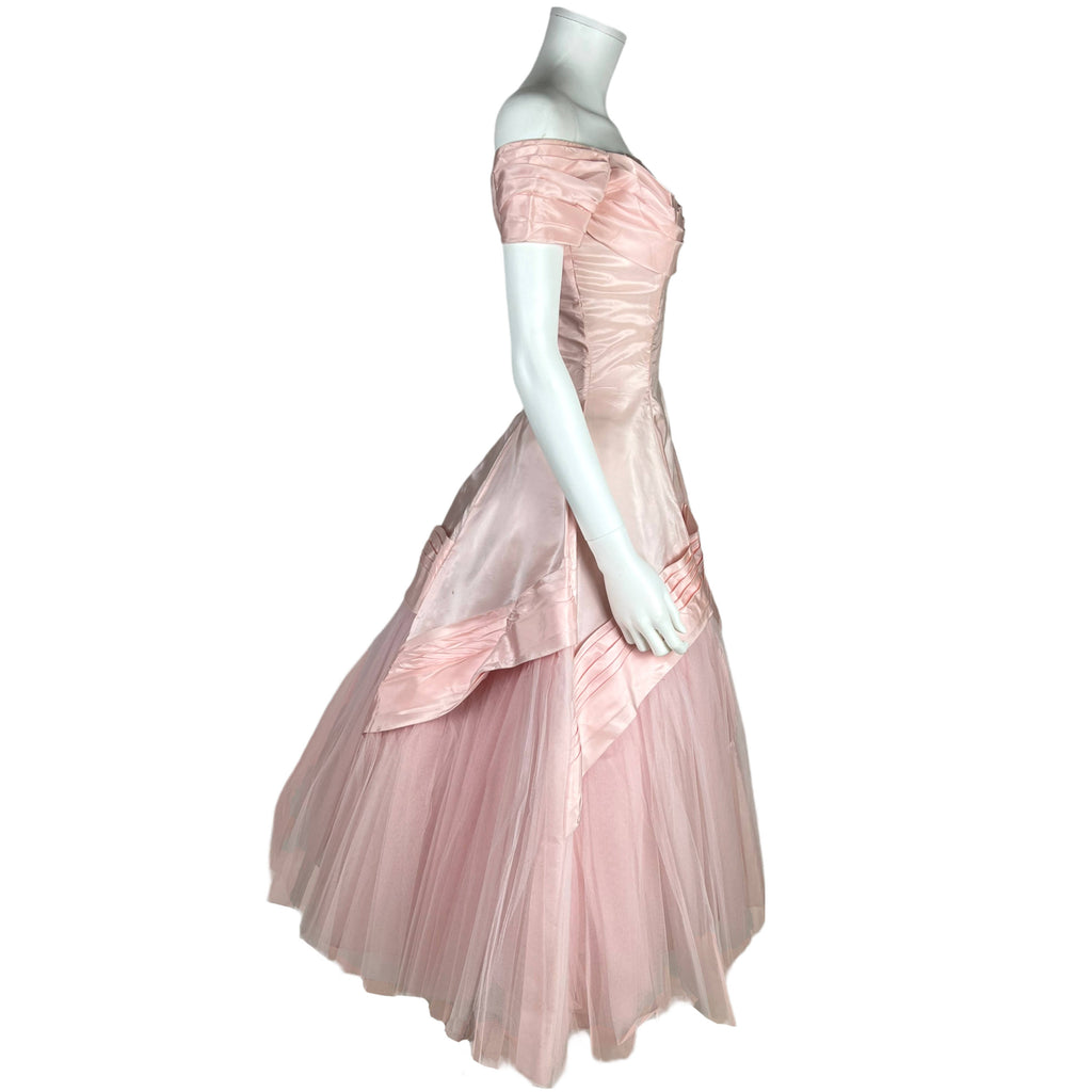 Vintage 1950s Ball Gown Pink Taffeta & Tulle Prom Dress Sz S
