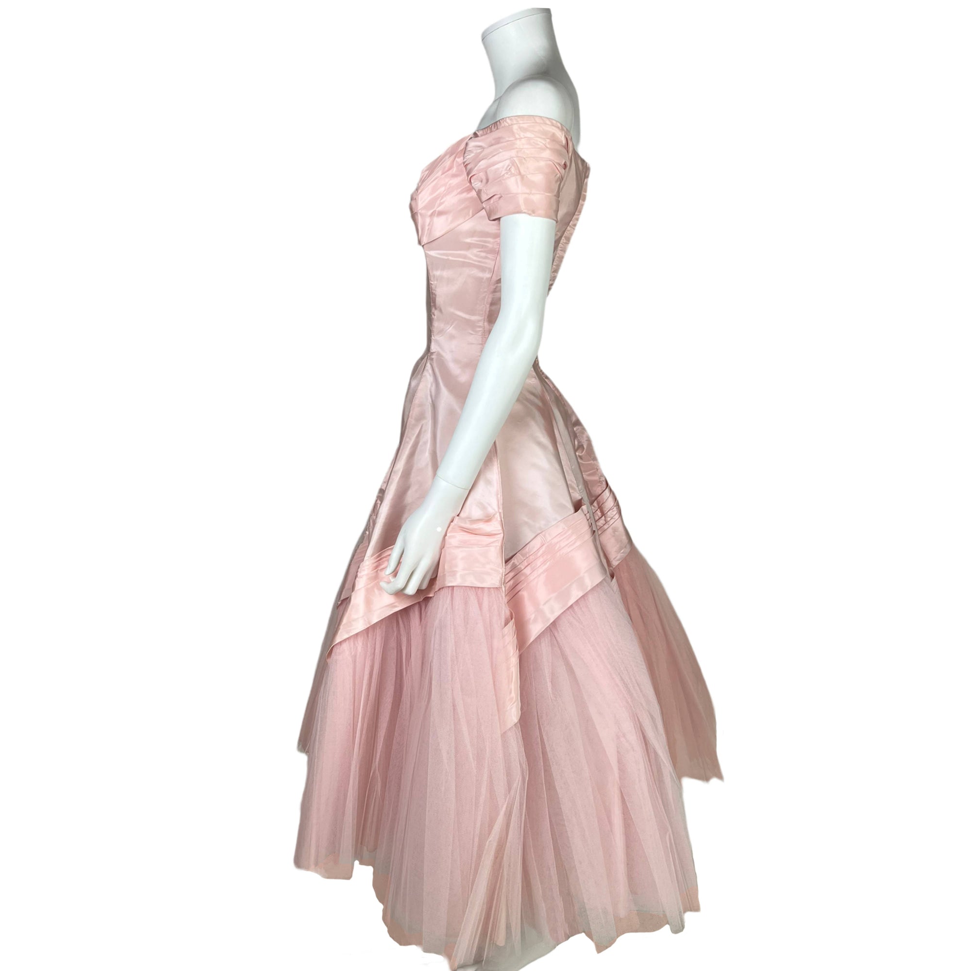 Vintage 1950s Ball Gown Pink Taffeta & Tulle Prom Dress Sz S