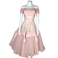 Vintage 1950s Ball Gown Pink Taffeta & Tulle Prom Dress Sz S