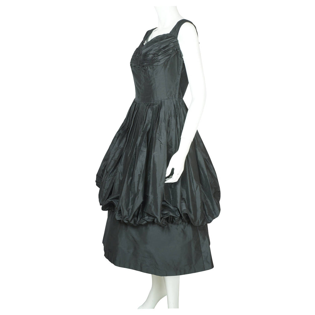 Vintage 1950s Black Silk Taffeta Ball Gown Dress w Bubble Balloon Skirt Size M - Poppy's Vintage Clothing