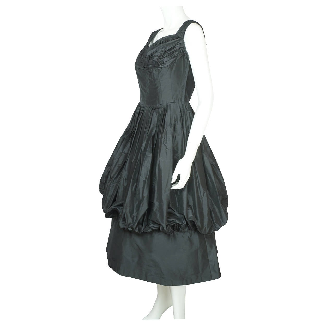 Vintage 1950s Black Silk Taffeta Ball Gown Dress w Bubble Balloon Skirt Size M - Poppy's Vintage Clothing