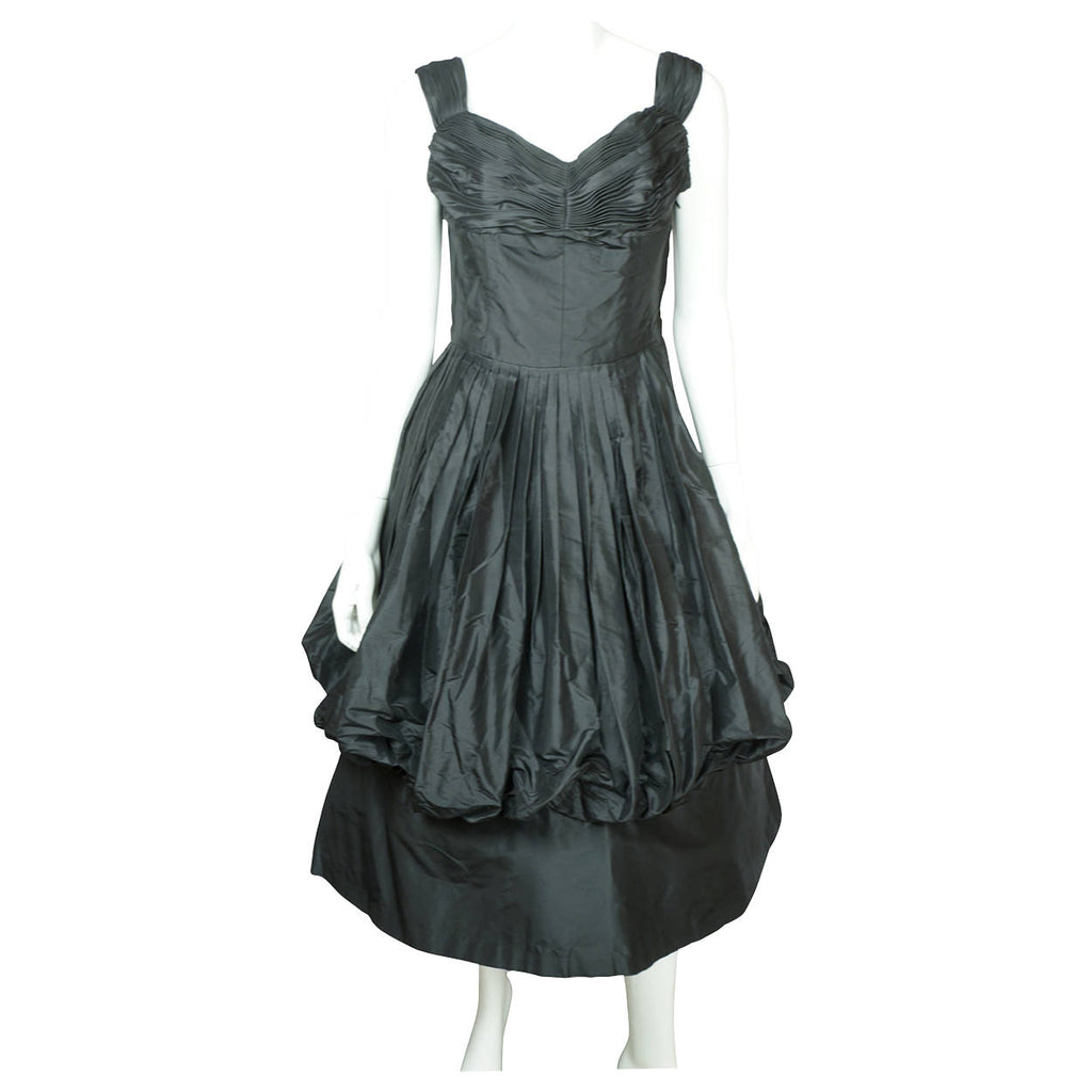 Vintage 1950s Black Silk Taffeta Ball Gown Dress w Bubble Balloon Skirt Size M - Poppy's Vintage Clothing