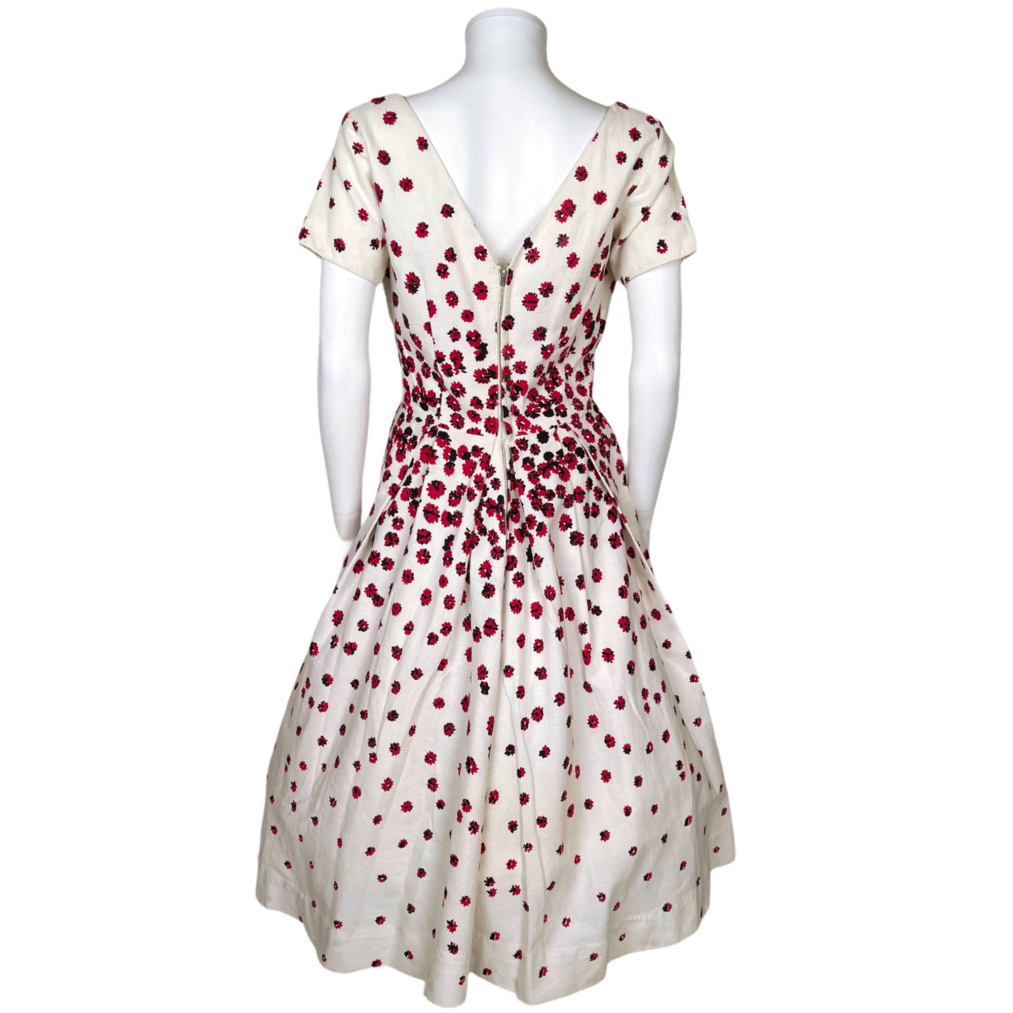 Vintage 1950s Cotton Dress Red & Black Floral Size M