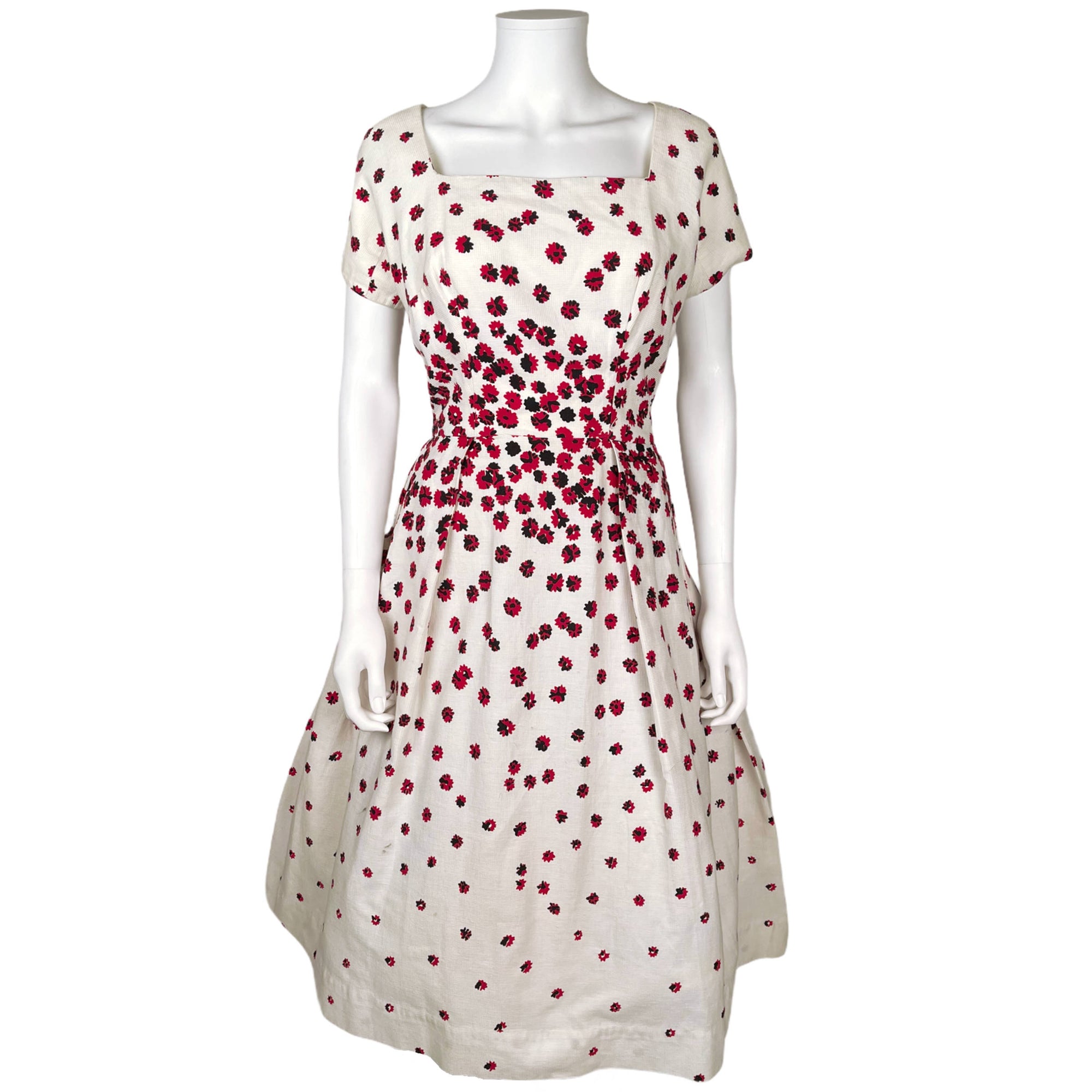 Vintage 1950s Cotton Dress Red & Black Floral Size M