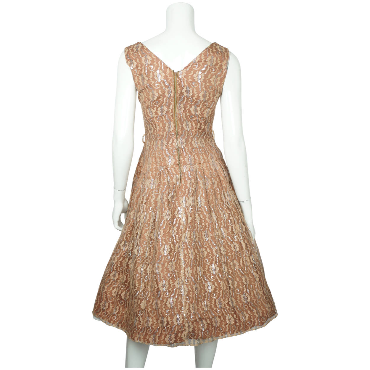 Vintage 50s Dress Silver Metallic Lace w Full Skirt Size M - Poppy's Vintage Clothing