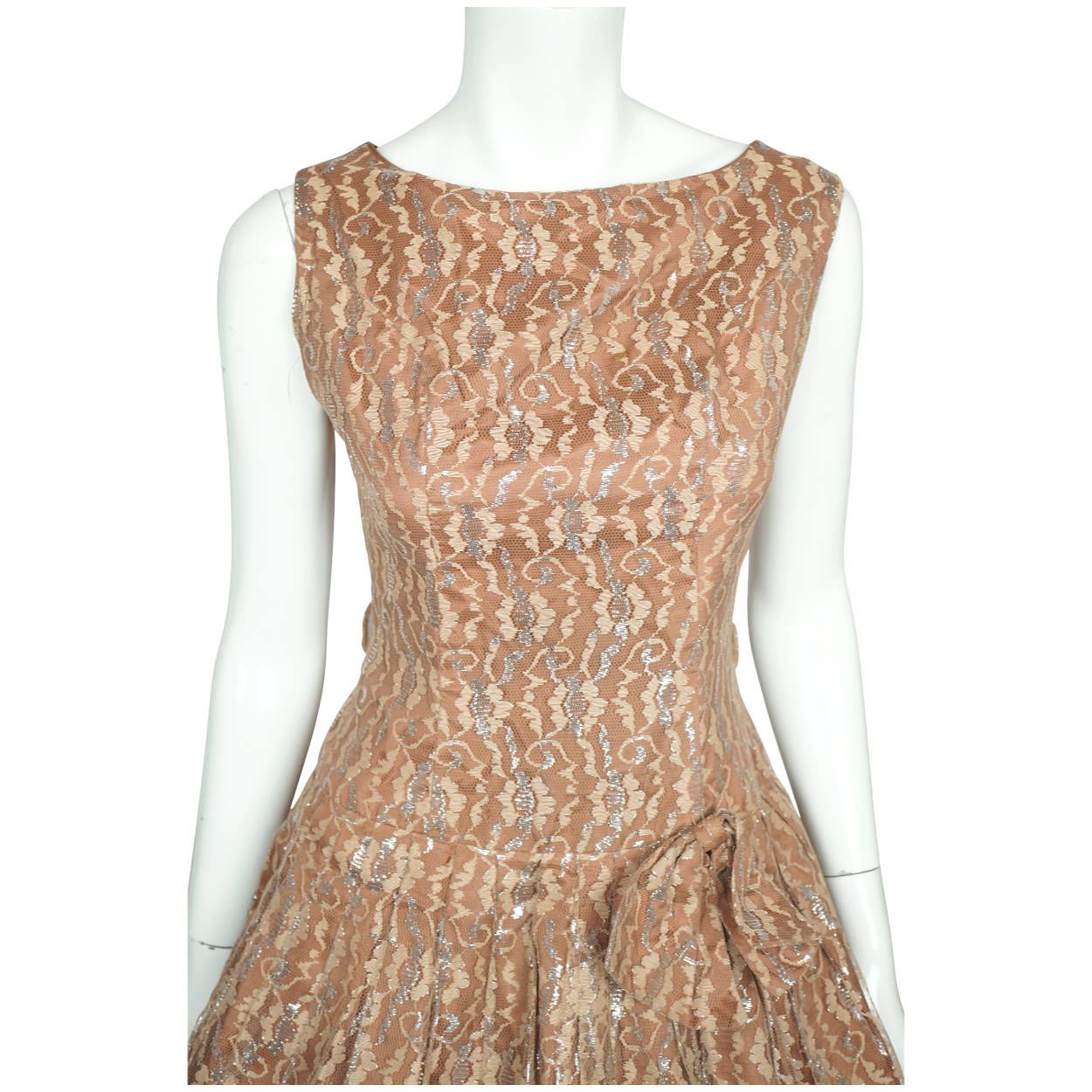 Vintage 50s Dress Silver Metallic Lace w Full Skirt Size M - Poppy's Vintage Clothing