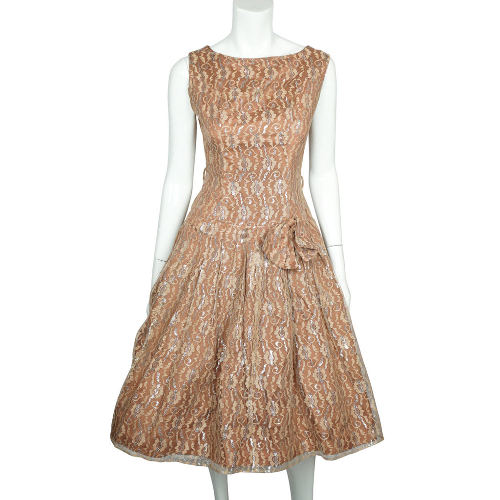 Vintage 50s Dress Silver Metallic Lace w Full Skirt Size M - Poppy's Vintage Clothing