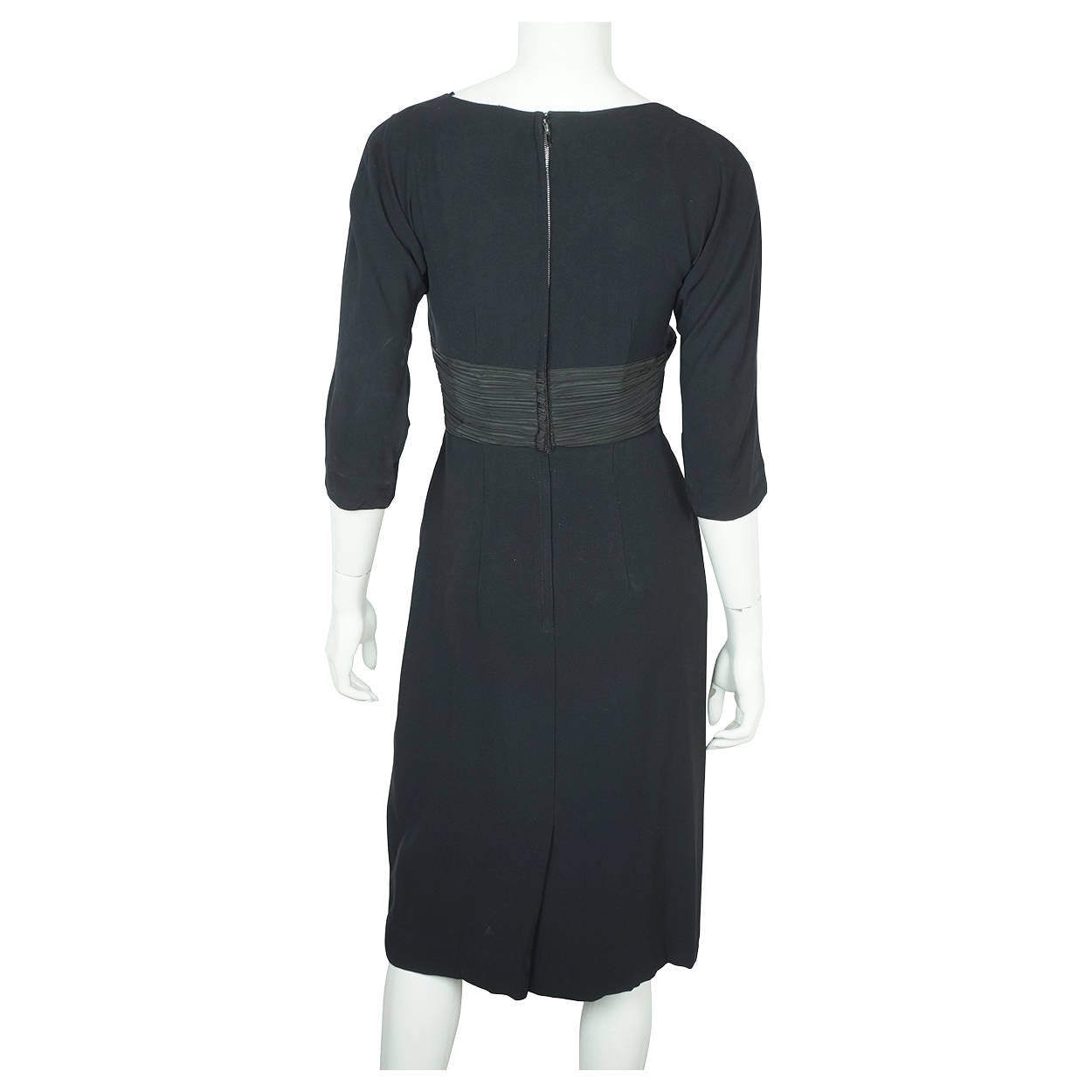 Vintage 1950s Black Crepe Cocktail Wiggle Dress with Taffeta Waist & Bow Sz S M - Poppy's Vintage Clothing