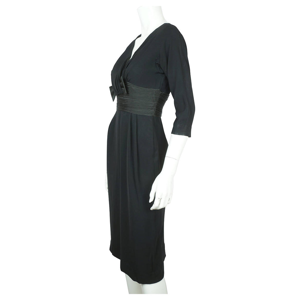 Vintage 1950s Black Crepe Cocktail Wiggle Dress with Taffeta Waist & Bow Sz S M - Poppy's Vintage Clothing