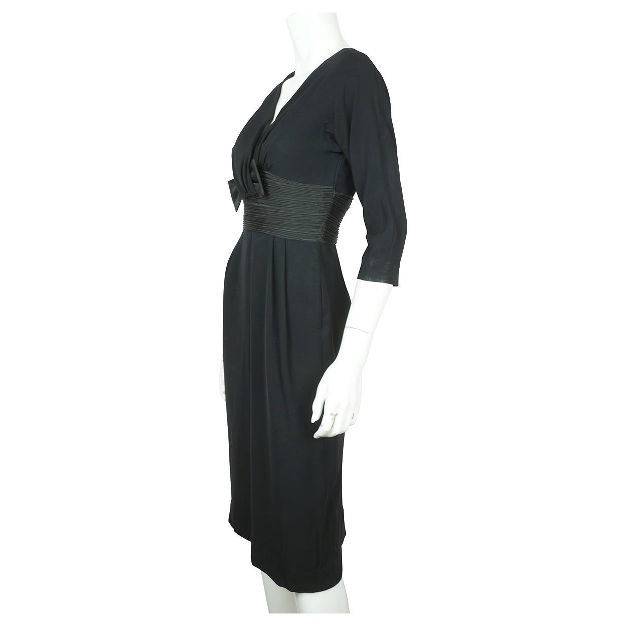 Vintage 1950s Black Crepe Cocktail Wiggle Dress with Taffeta Waist & Bow Sz S M - Poppy's Vintage Clothing