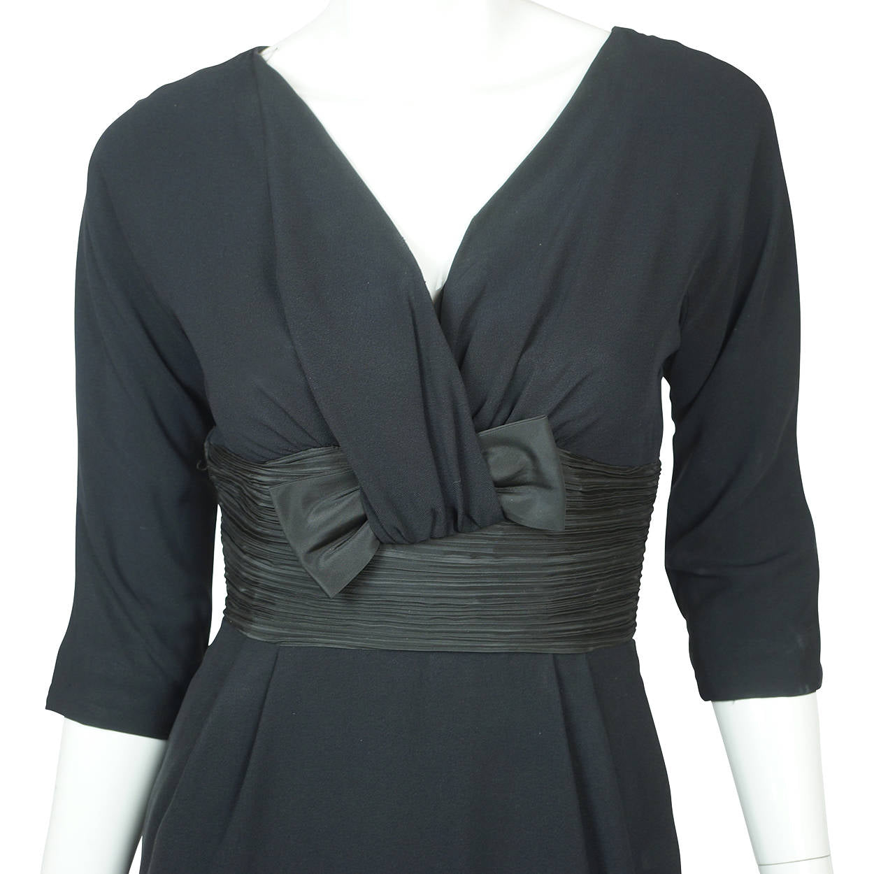 Vintage 1950s Black Crepe Cocktail Wiggle Dress with Taffeta Waist & Bow Sz S M - Poppy's Vintage Clothing