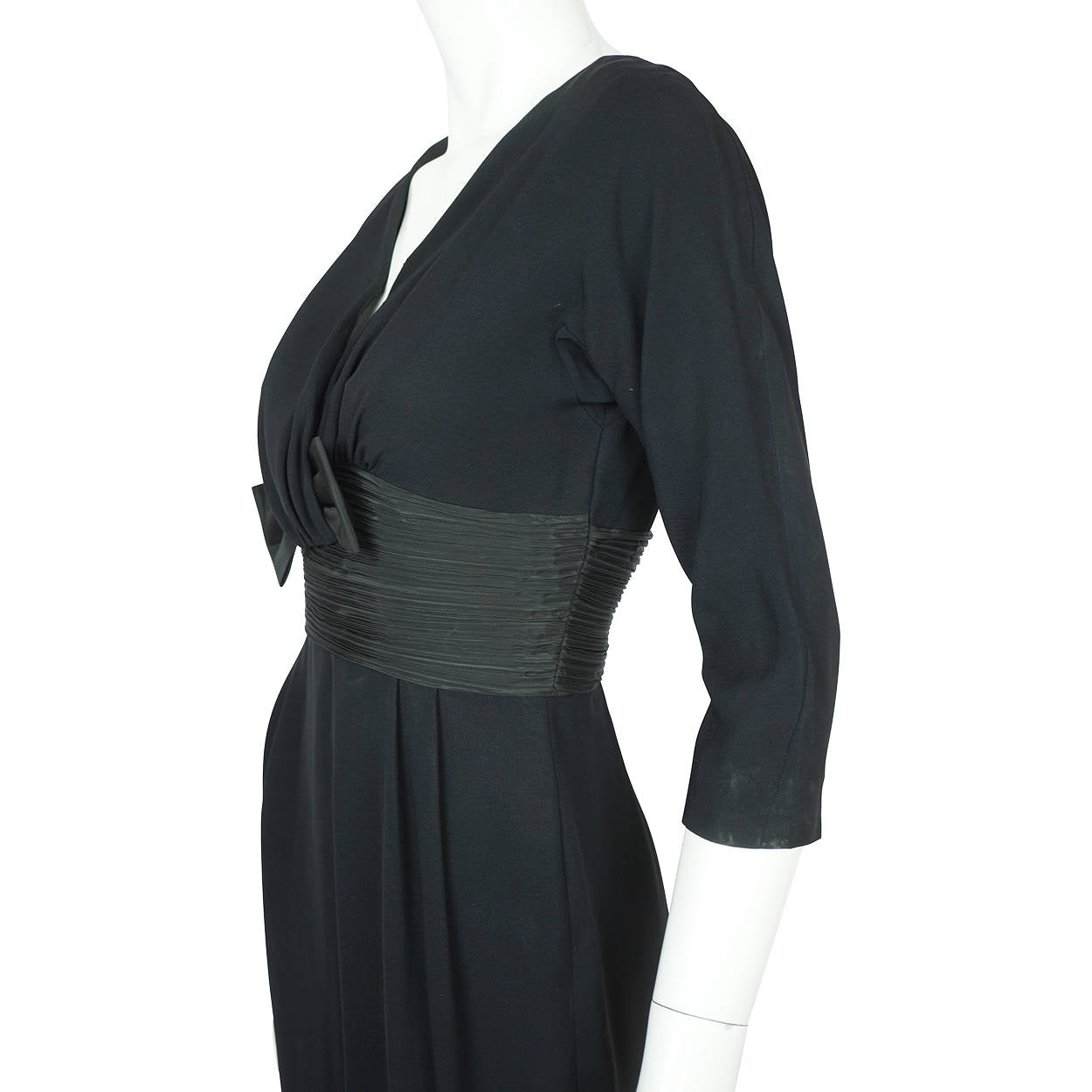Vintage 1950s Black Crepe Cocktail Wiggle Dress with Taffeta Waist & Bow Sz S M - Poppy's Vintage Clothing