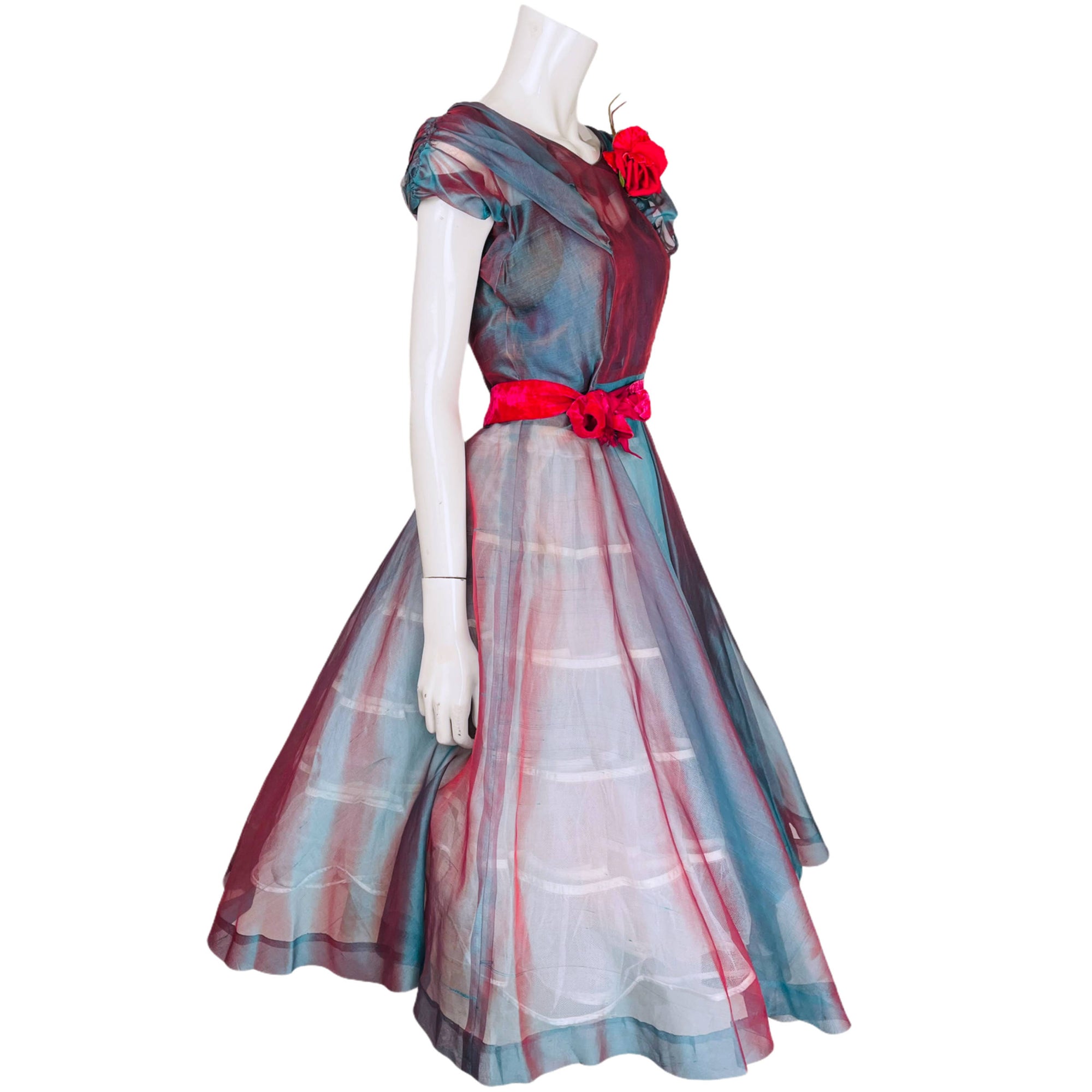 Vintage 50s Organza Dress 2 Tone Silk w Matching Hat Sz S