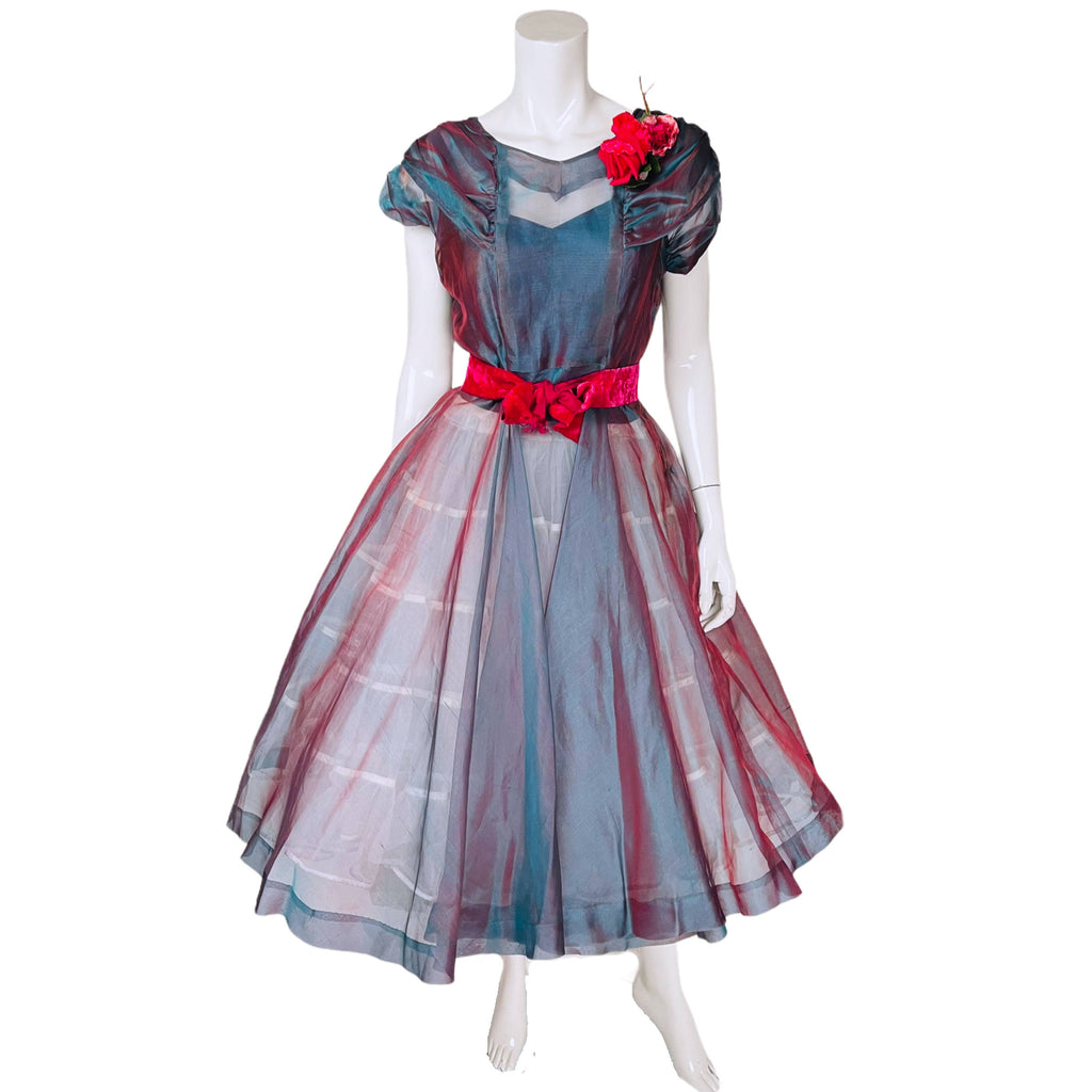 Vintage 50s Organza Dress 2 Tone Silk w Matching Hat Sz S