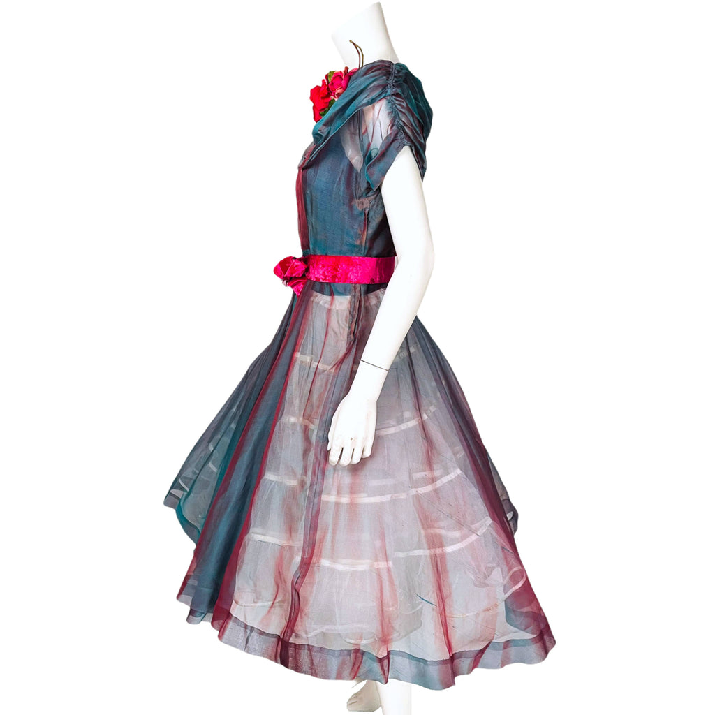 Vintage 50s Organza Dress 2 Tone Silk w Matching Hat Sz S