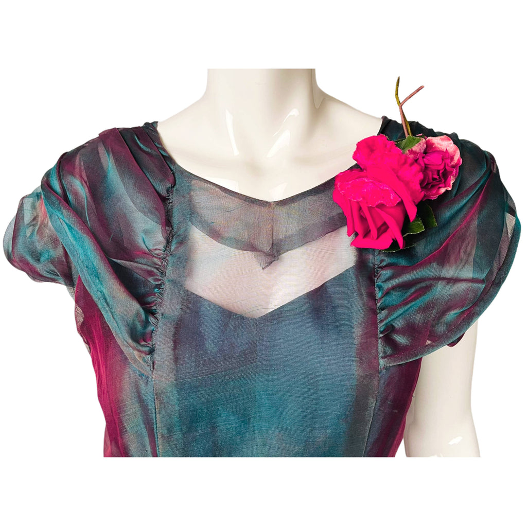 Vintage 50s Organza Dress 2 Tone Silk w Matching Hat Sz S