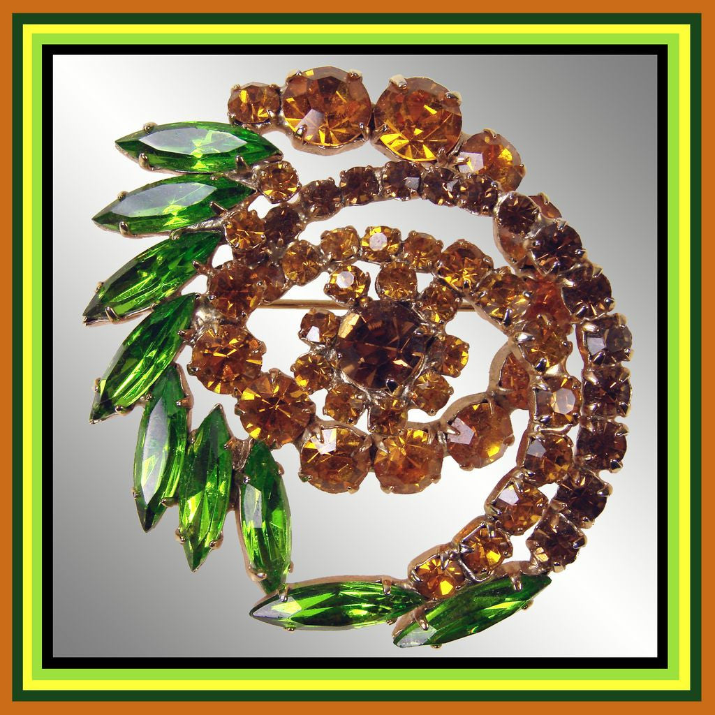 1950s Rhinestone Brooch Orange & Green Swirl Form - Poppy's Vintage Clothing